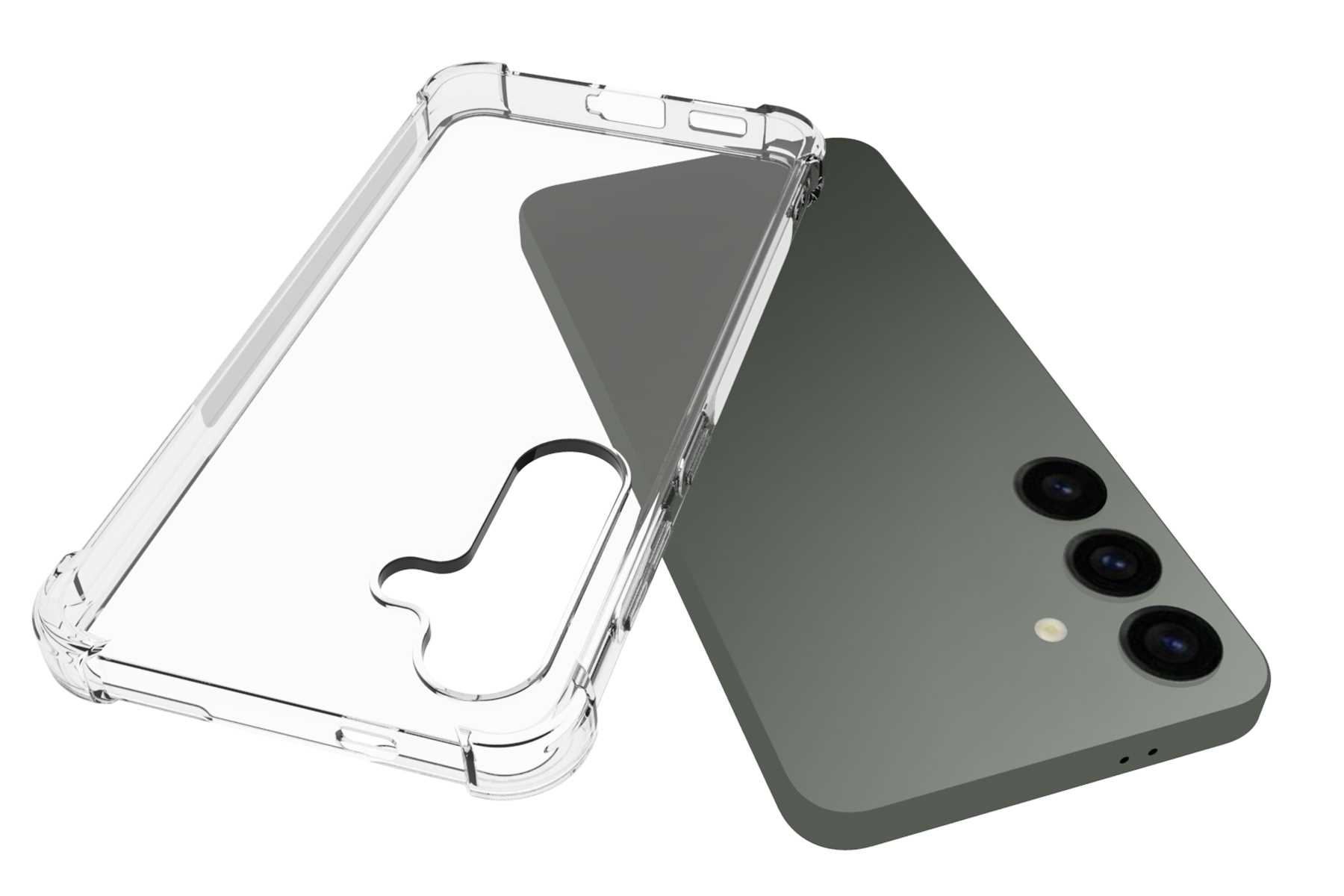 Ein Telefon und eine transparente Telefonhülle. Telefon ist grau, Hülle ist transparent.