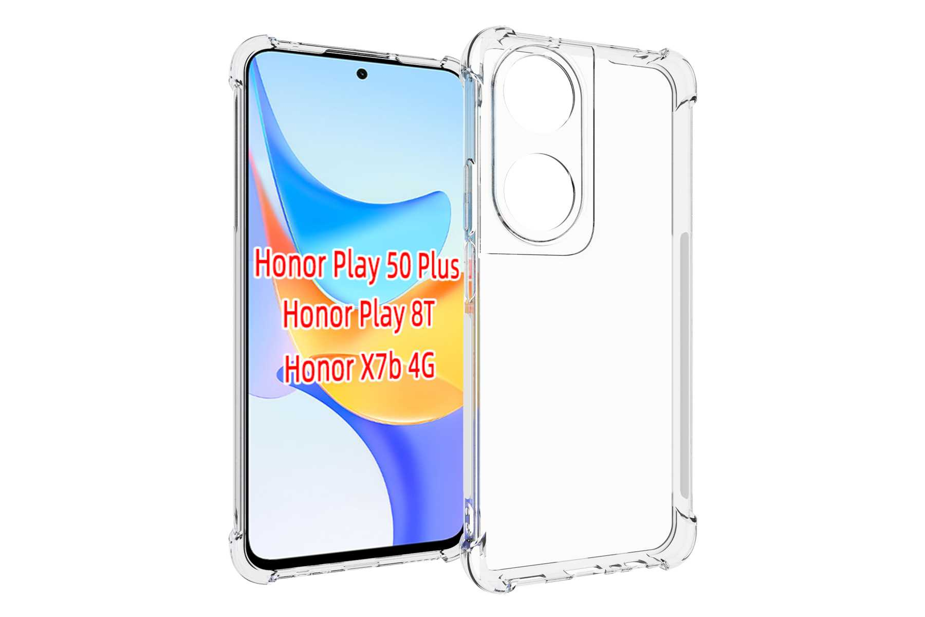 Eine transparente Handyhülle umgibt ein Telefon, das Inhalte anzeigt. Text: Honor Play 50 Plus, 8T, X7b 4G. Der Bildschirm ist blau.