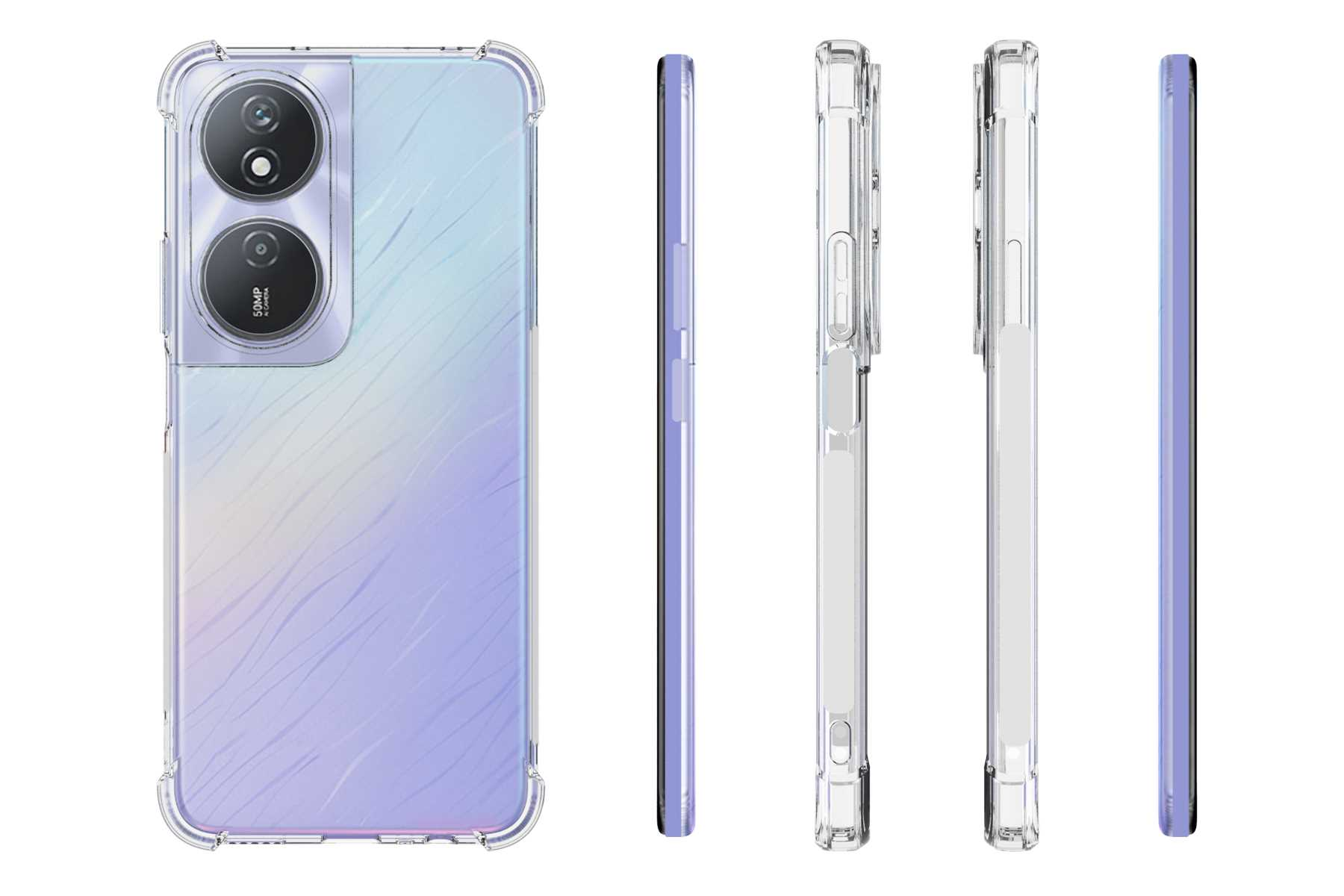 Ein Telefon in einer transparenten Hülle mit Kameraaussparung. Seitenansichten zeigen Details.