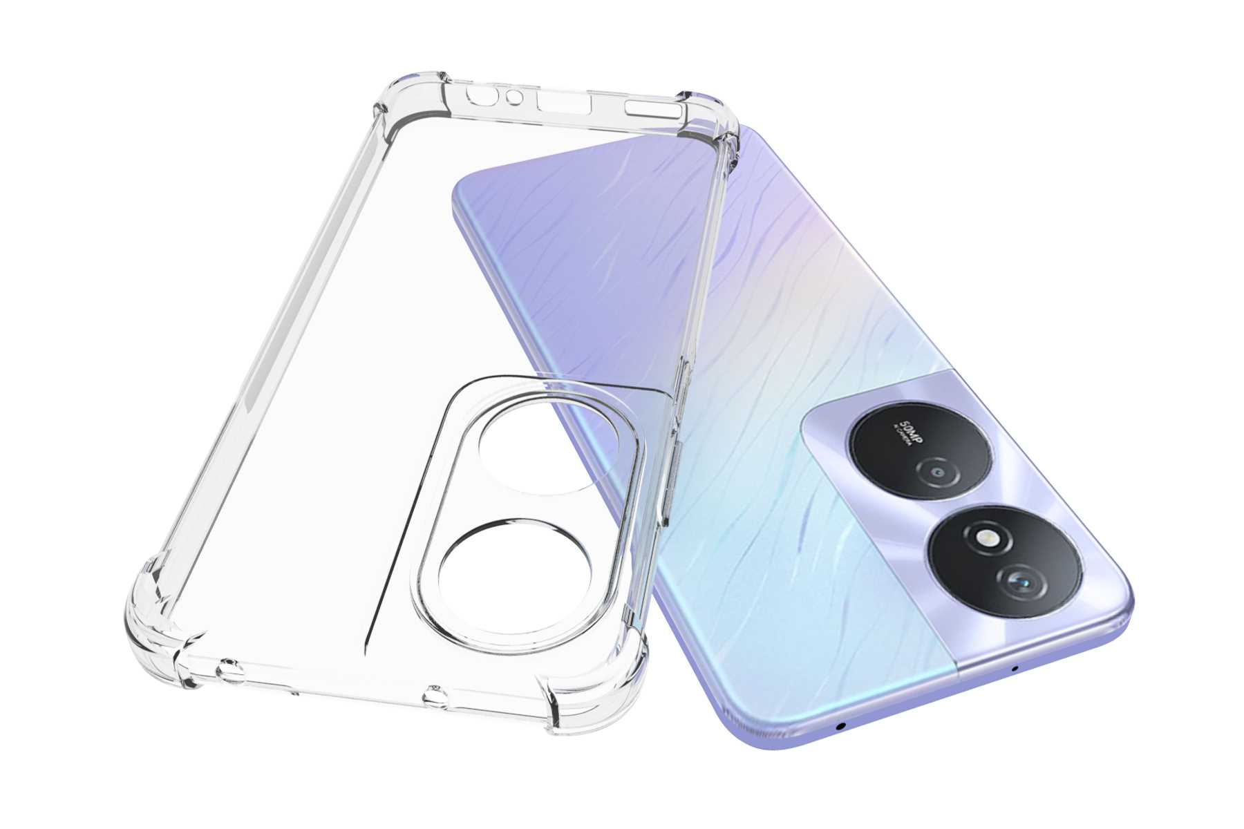 Telefon mit Schutzhülle. Telefon ist lavendelfarben mit Doppelkameras. Hülle ist transparent.