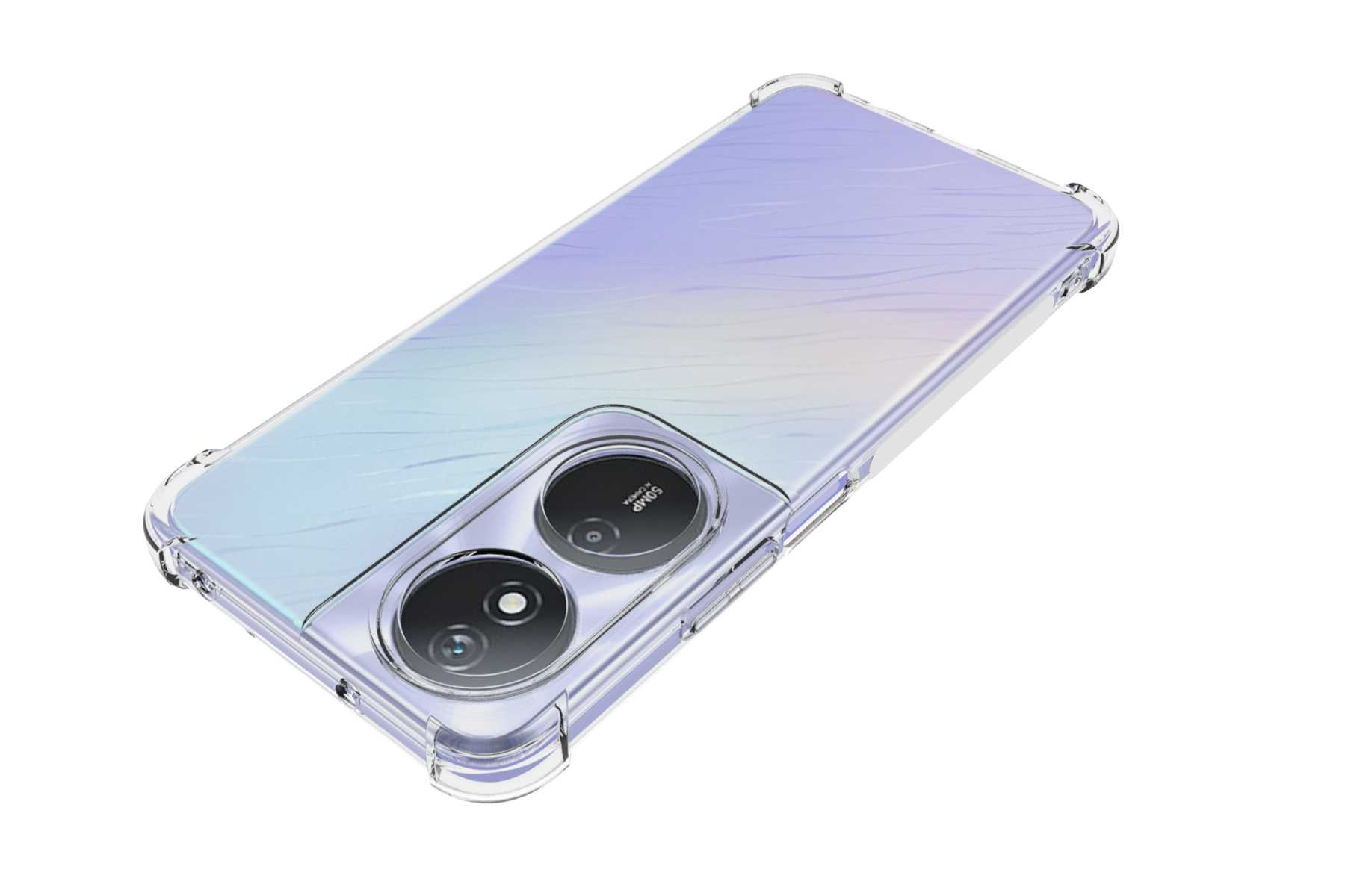 Telefon mit klarer Hülle. Die Rückseite hat ein Textur-Design mit zwei Kameras.