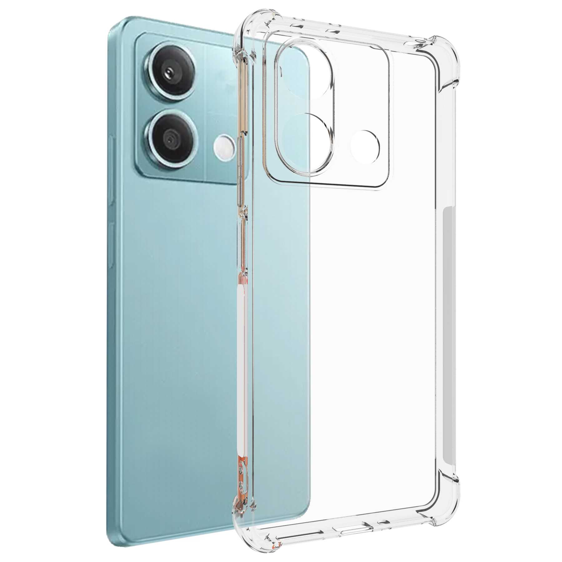Blaues Smartphone und transparente Hülle. Das Telefon hat drei Kameras. Weißer Hintergrund.