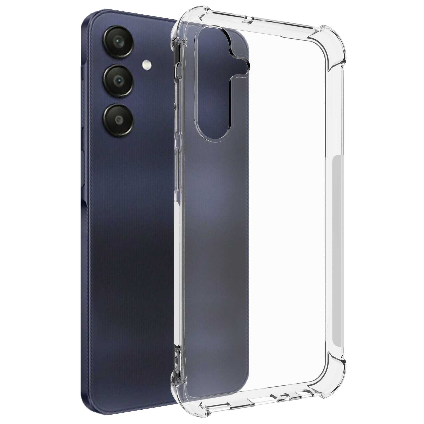 Blaues Telefon mit durchsichtiger Hülle. Die Hülle befindet sich neben dem Telefon. Weißer Hintergrund.