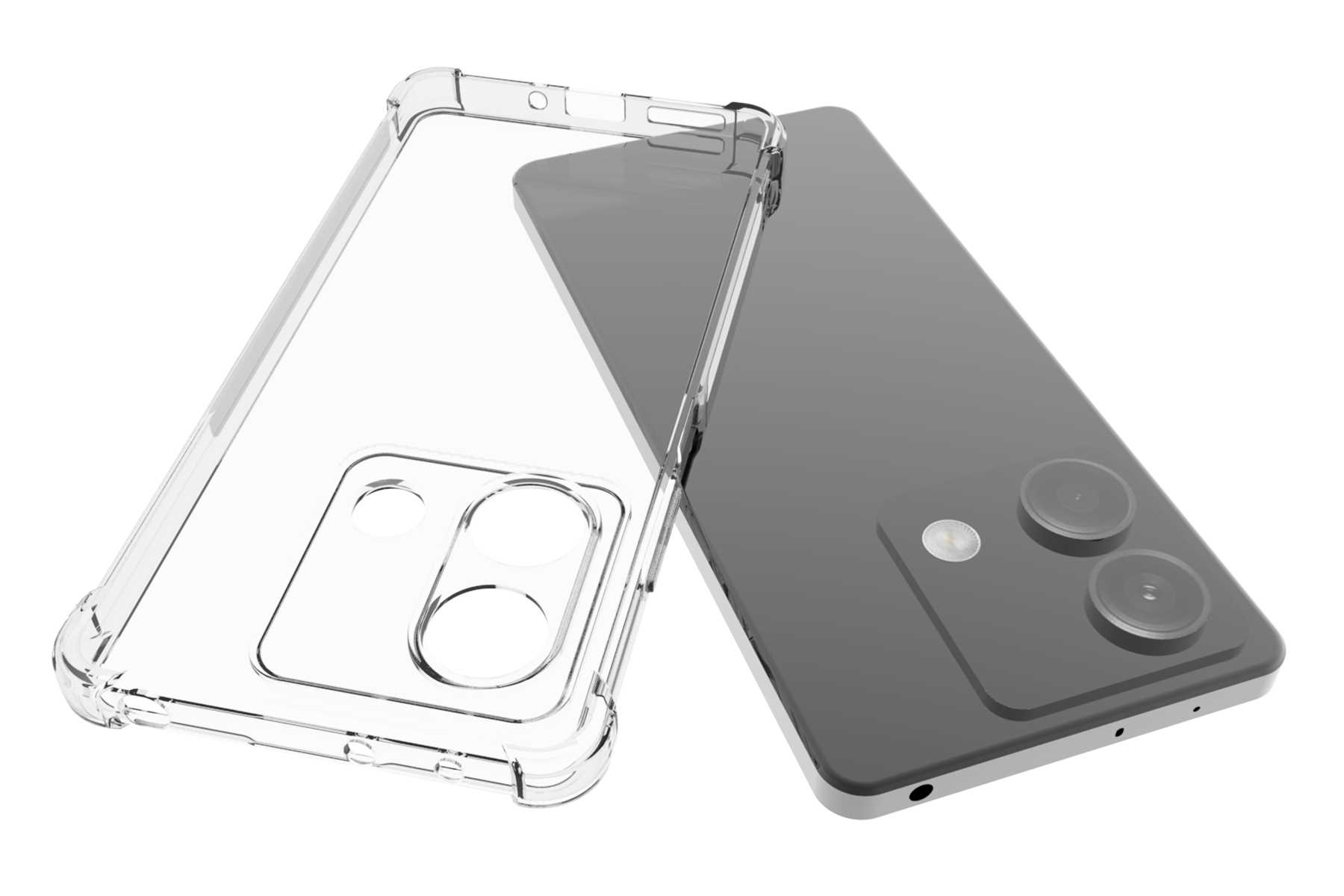 Transparente Handyhülle neben einem grauen Smartphone mit zwei Kameralinsen.