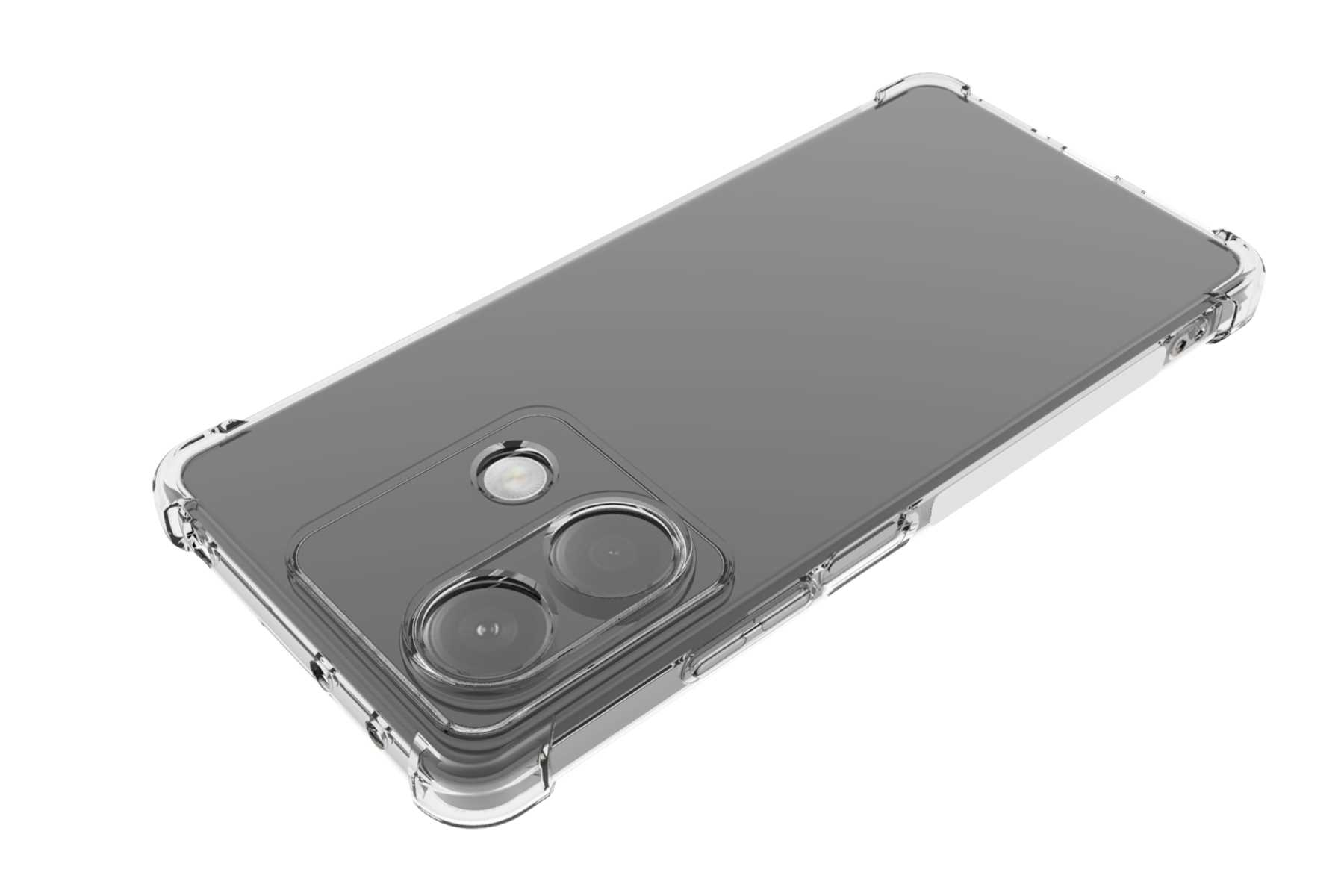 Transparente Handyhülle auf einem silbernen Telefon, Rückseite und Hülle zeigend.