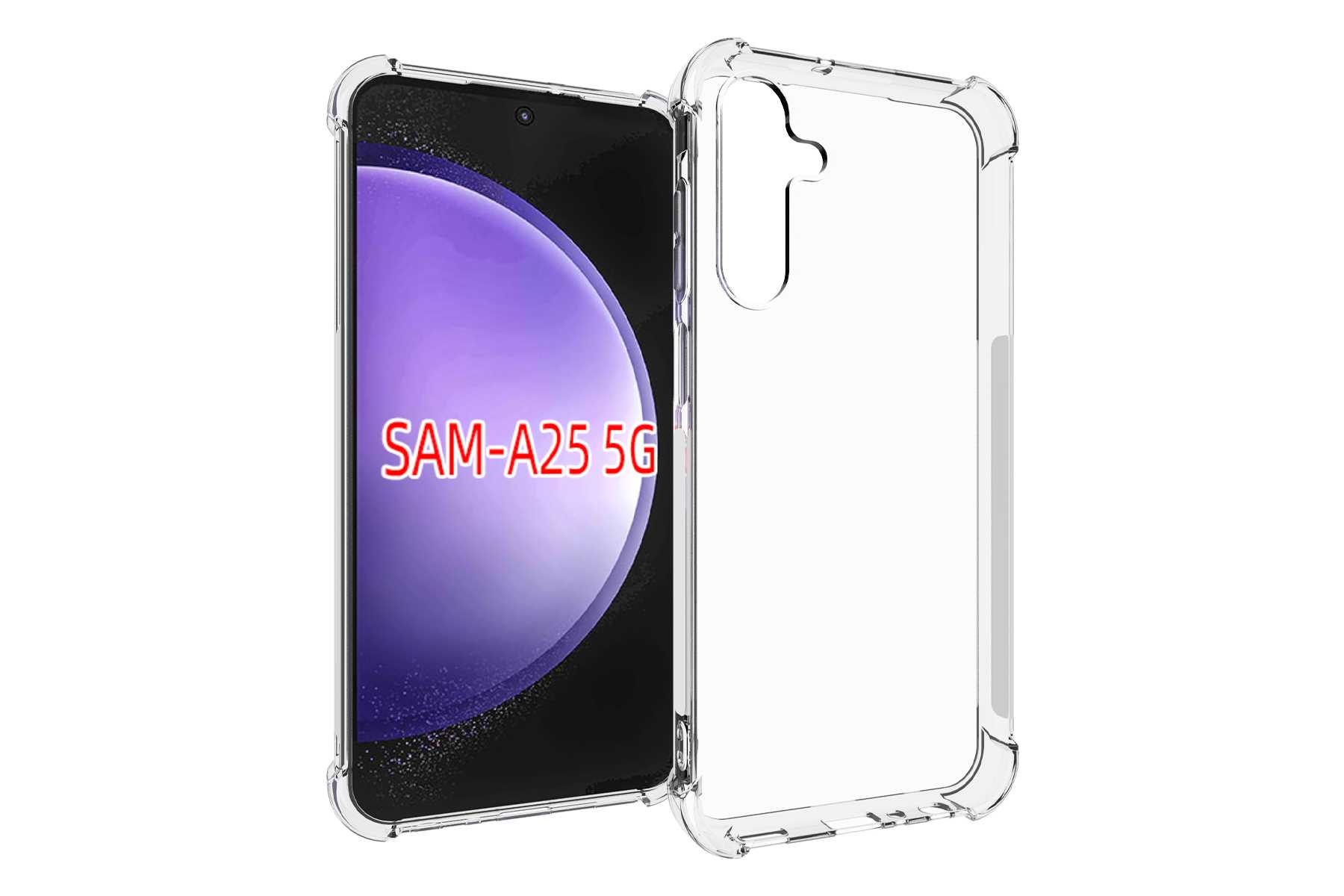 Telefon und Hülle. Ein Telefon in einer durchsichtigen Kunststoffhülle. Das Telefon zeigt: SAM-A25 5G.