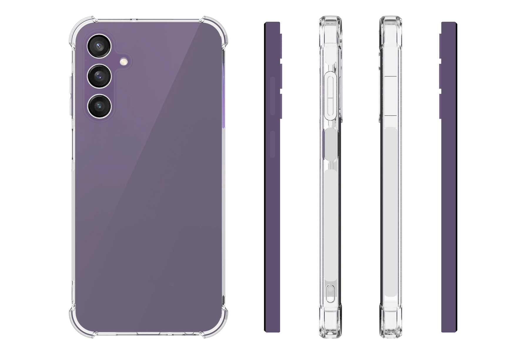 Ein Smartphone in einer transparenten Hülle, mit Text und Seitenansichten. Die Rückseite des Telefons ist lila.