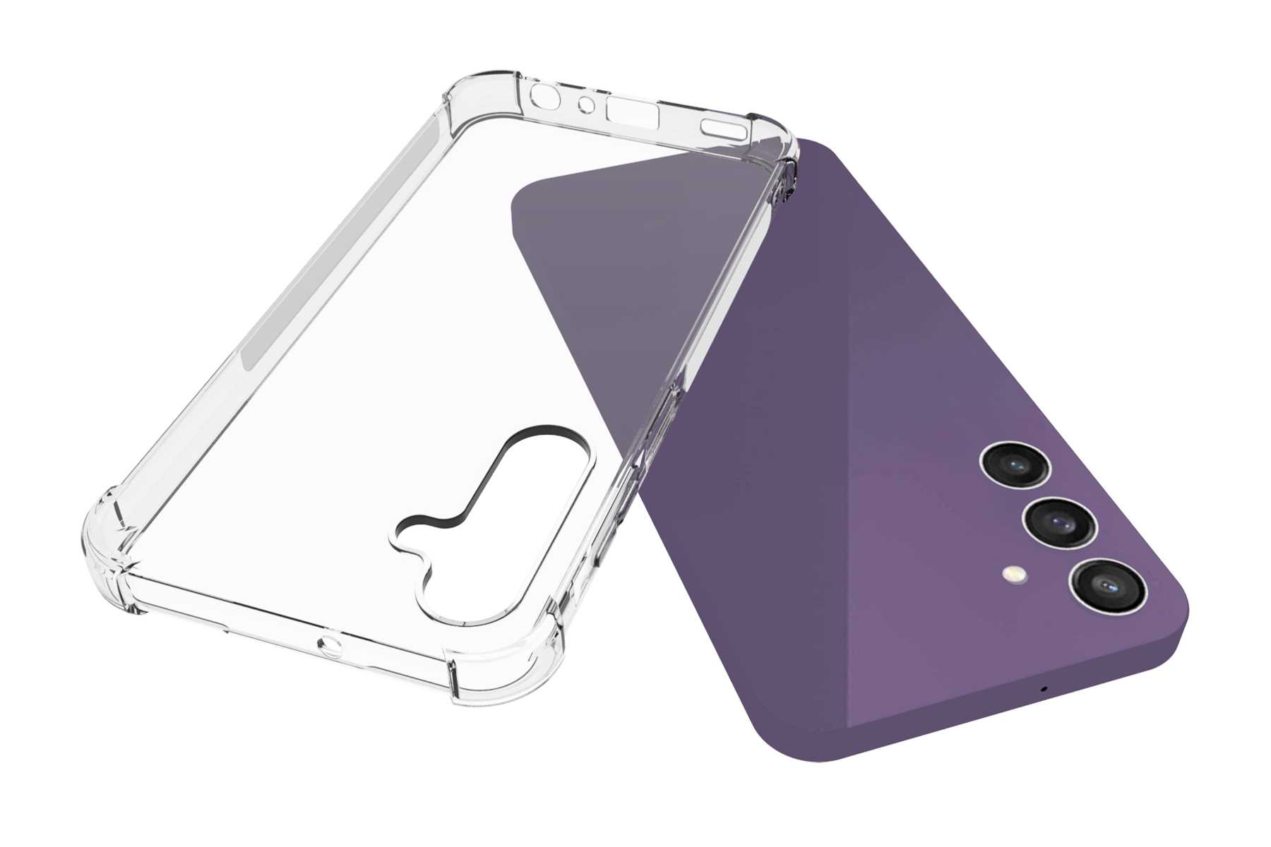 Transparente Handyhülle neben einem lila Telefon. Die Hülle zeigt Rückseite und Kamera.