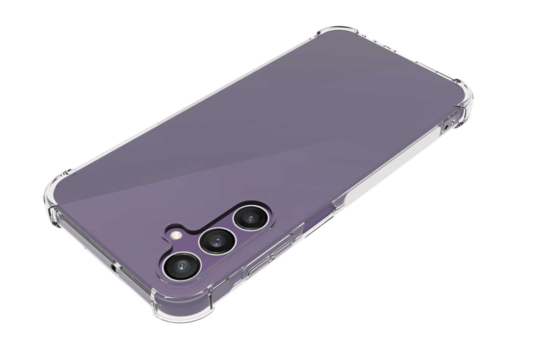 Lila Telefon in transparenter Hülle. Telefon hat Rückkameras und ist angewinkelt.