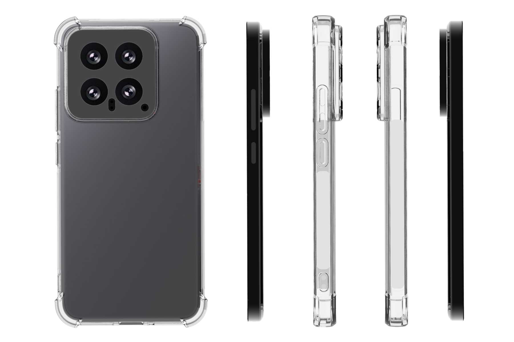 Telefon in klarer Hülle, mehrere Ansichten. Schwarzes Telefon mit klaren Seiten. Weißer Hintergrund.