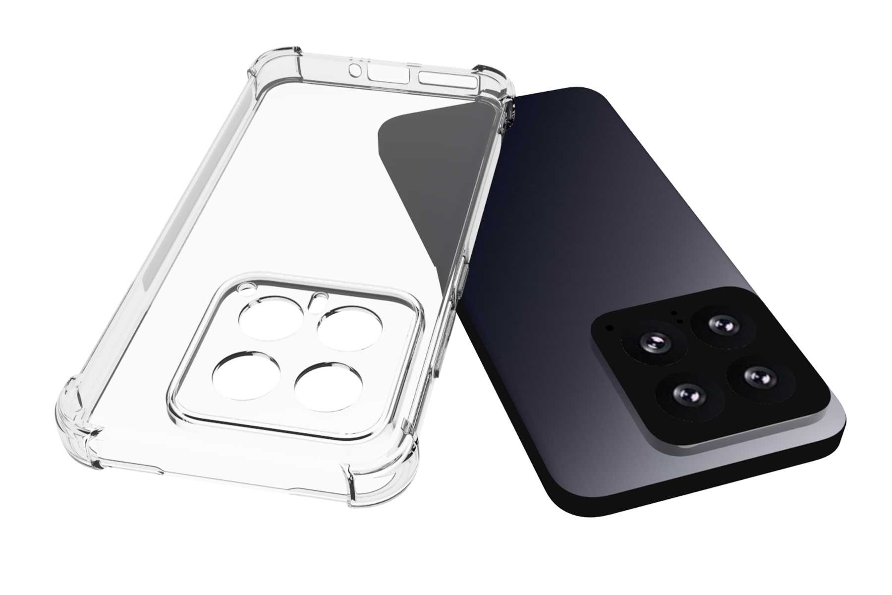 Transparente Handyhülle mit Telefon darin und Telefon auf weißem Hintergrund.