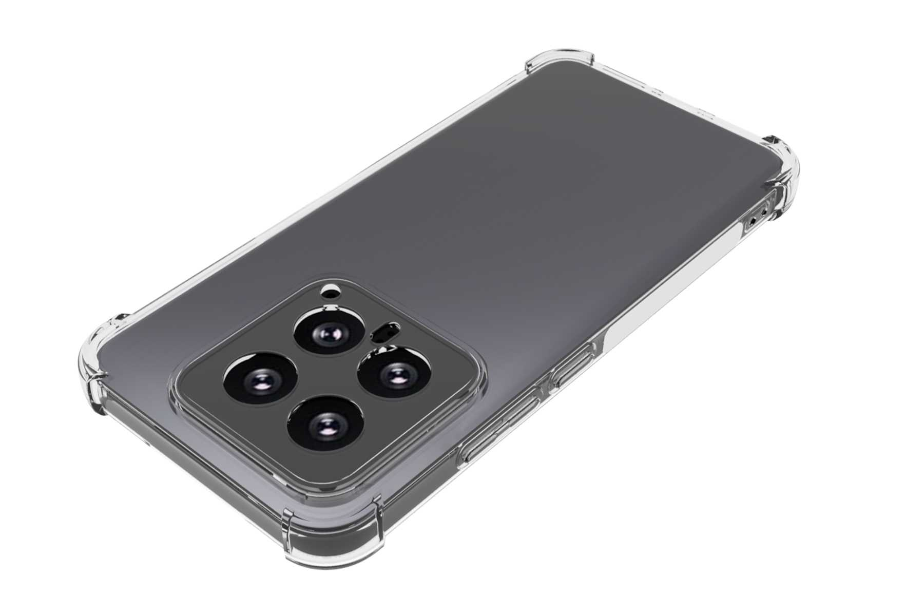 Eine transparente Handyhülle auf einem Telefon, die die Rückseite des Telefons mit mehreren Kameralinsen zeigt.