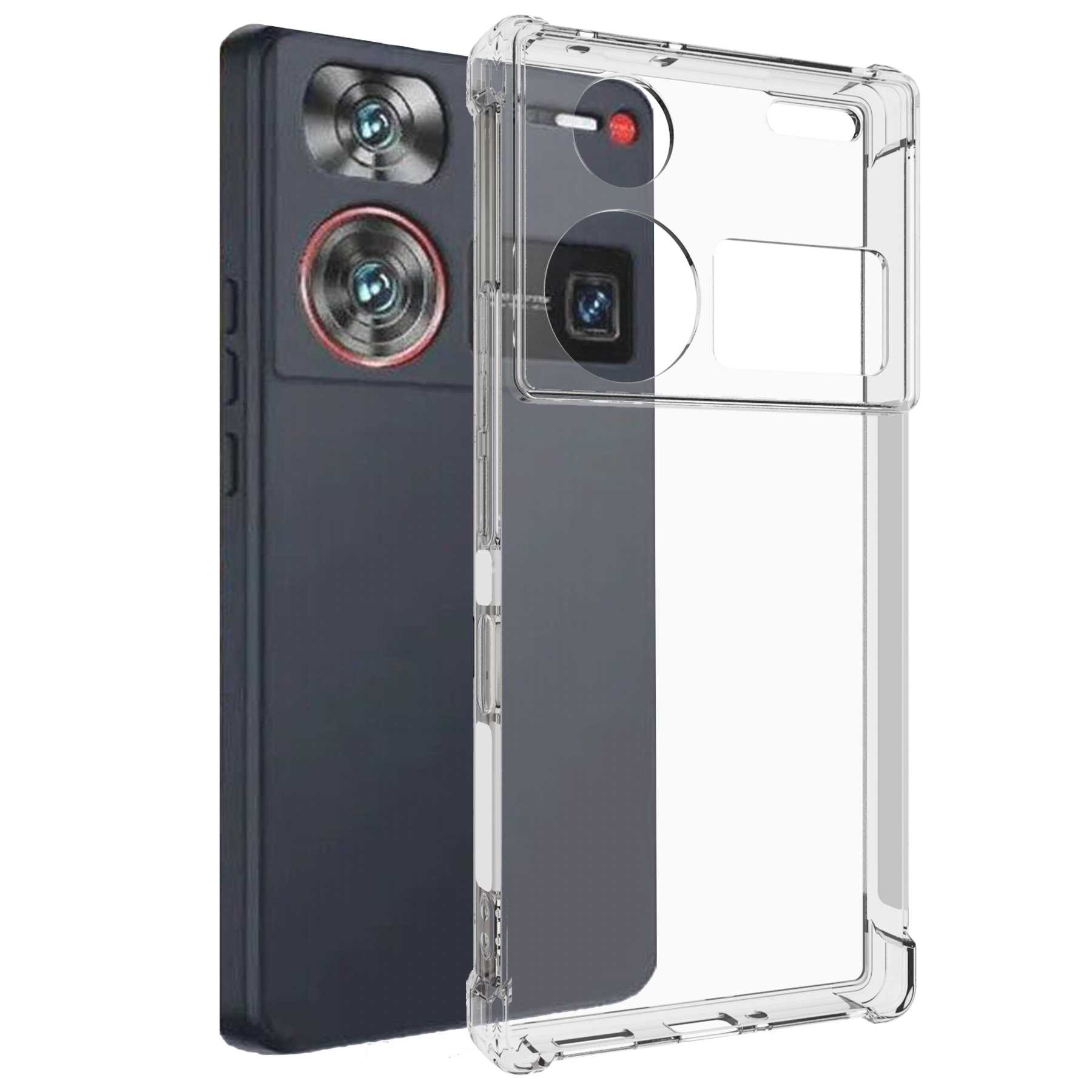 Ein Smartphone in einer transparenten Hülle, Schrägansicht, auf weißem Hintergrund.