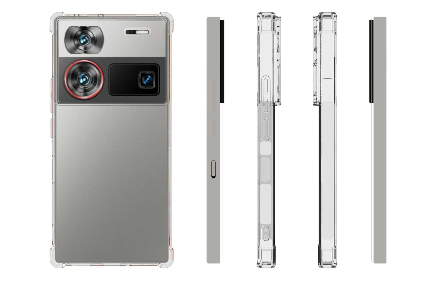 Ein Smartphone in einer transparenten Hülle, mit Kameralinsen und Seitenansicht.