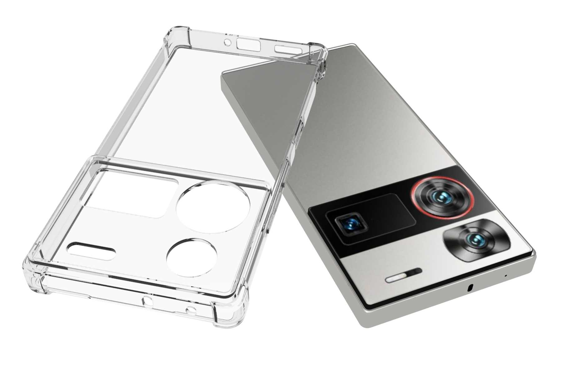 Ein silbernes Smartphone mit transparenter Hülle.