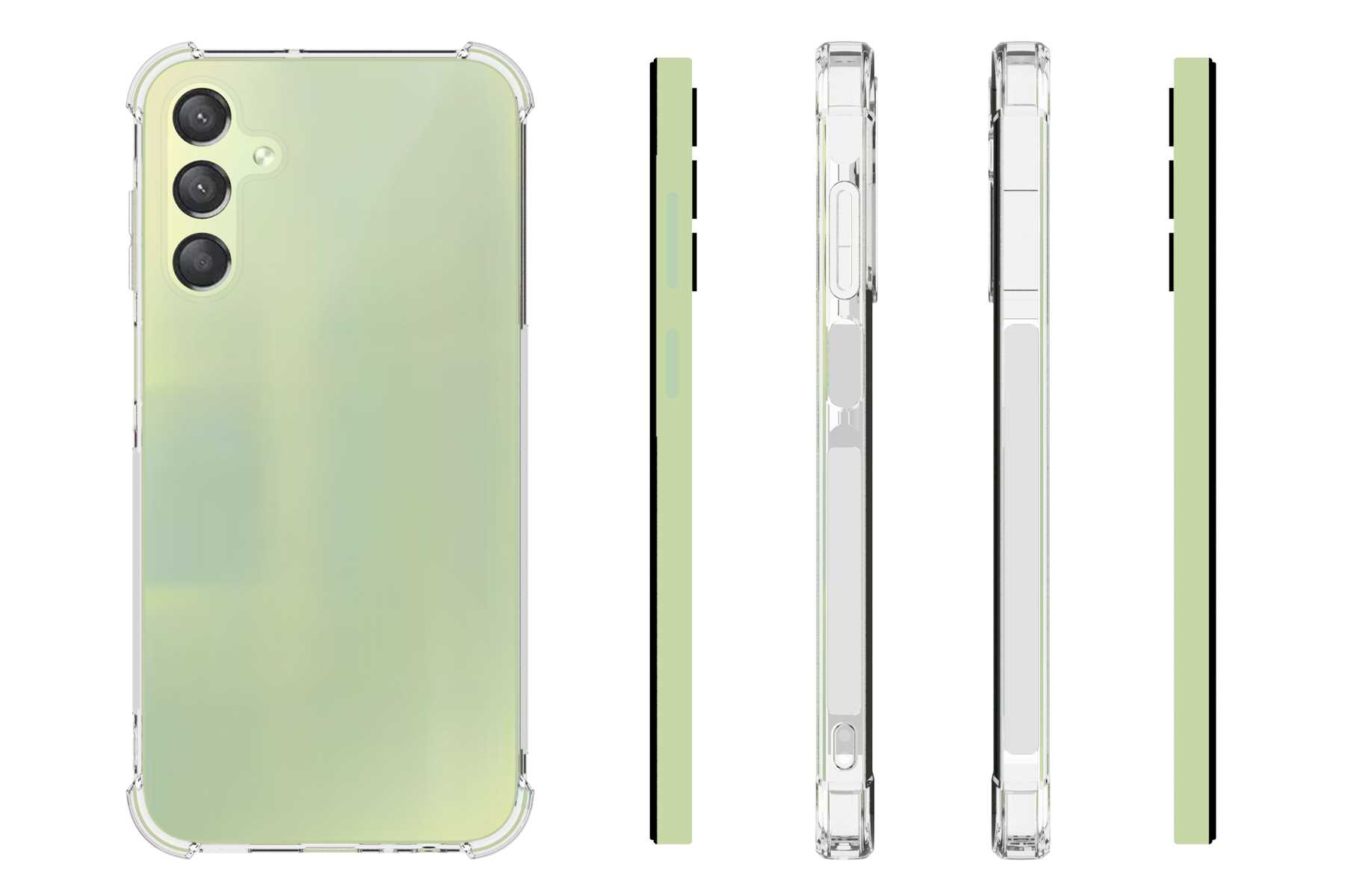 Grünes Telefon mit durchsichtiger Hülle auf weißem Hintergrund, verschiedene Ansichten.