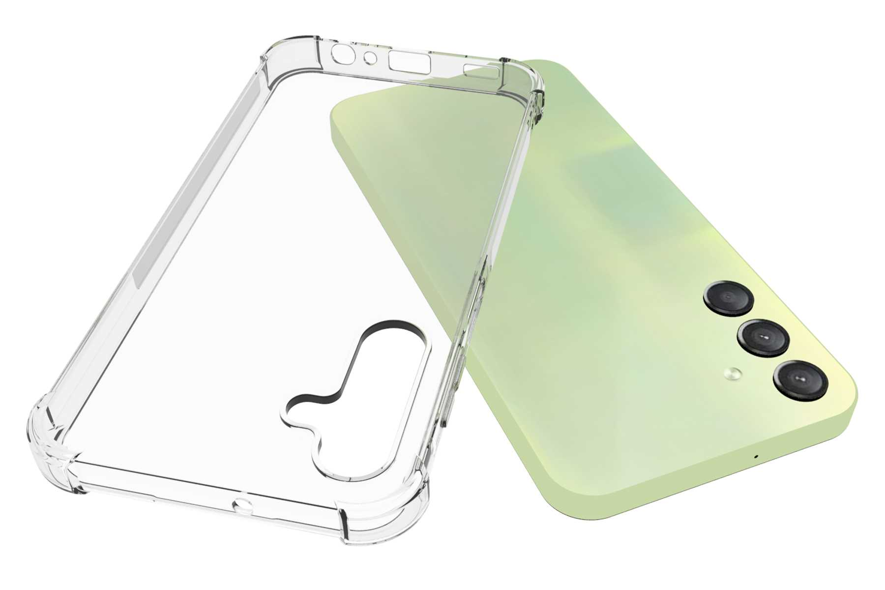 Ein Telefon mit einer durchsichtigen Hülle daneben, auf weißem Hintergrund.