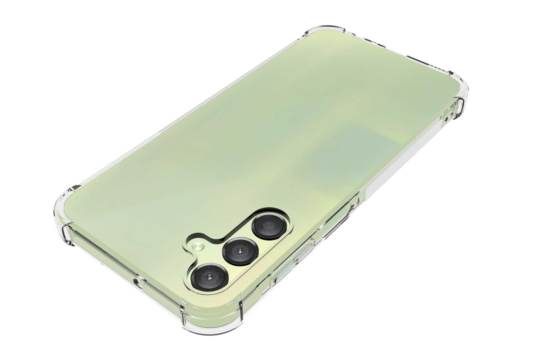 Transparente Handyhülle auf einem grünen Telefon. Die Hülle hat eine transparente Rückseite und einen Stoßfänger. Weißer Hintergrund.