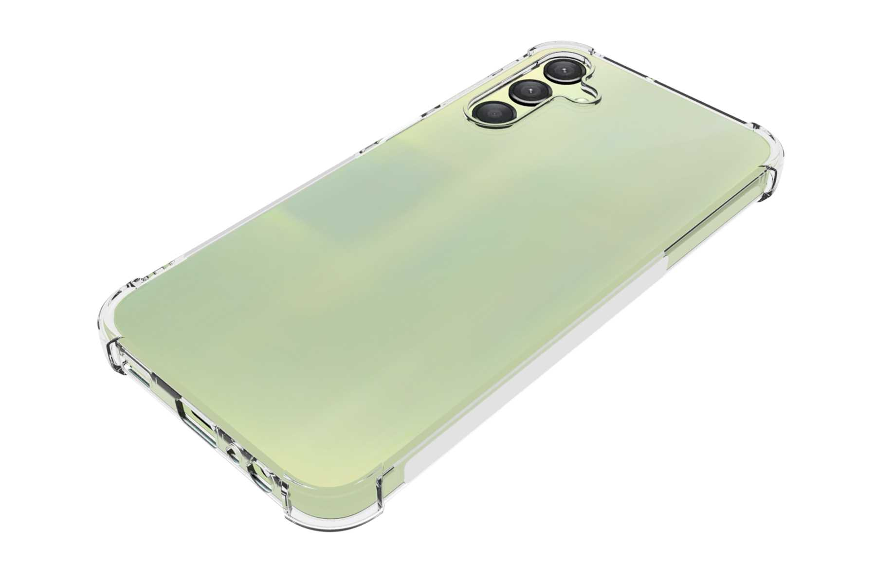 Smartphone mit transparenter Hülle, hellgrüne Rückseite und Dreifachkamera, vor weißem Hintergrund.