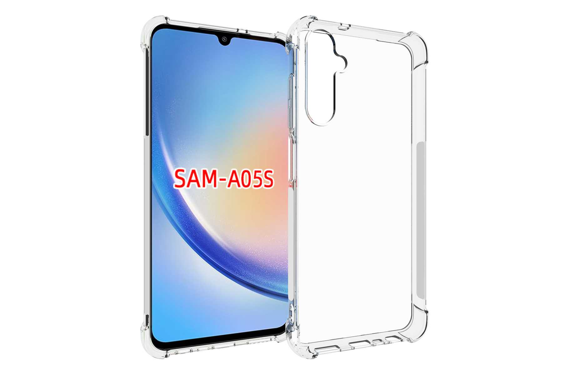 Telefon in klarer Hülle mit dem Text SAM-A05S auf dem Telefonbildschirm.