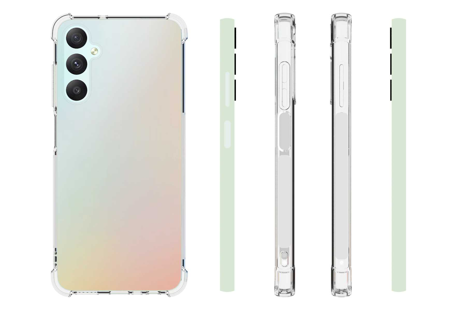Telefon mit klarer Hülle. Mehrere Ansichten. Die Rückseite hat Farbverlauf.