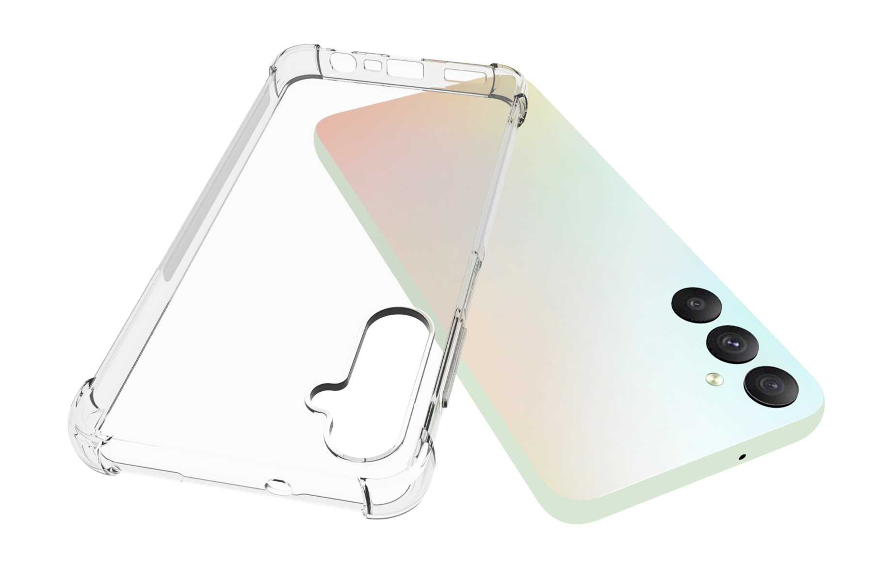Telefon mit klarer Hülle. Das Telefon ist hellgrün. Die Hülle liegt neben dem Telefon.