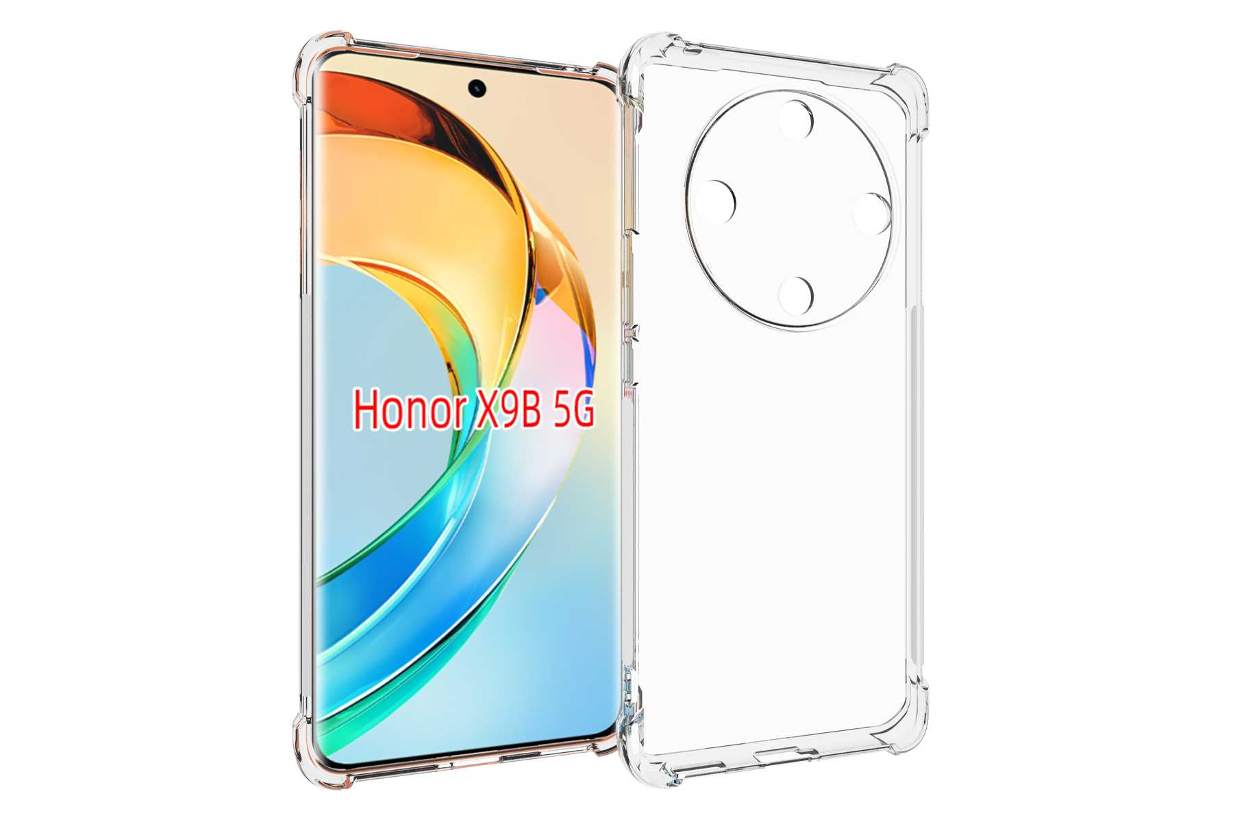 Transparente Handyhülle und Telefon mit Text Honor X9B 5G auf weißem Hintergrund.