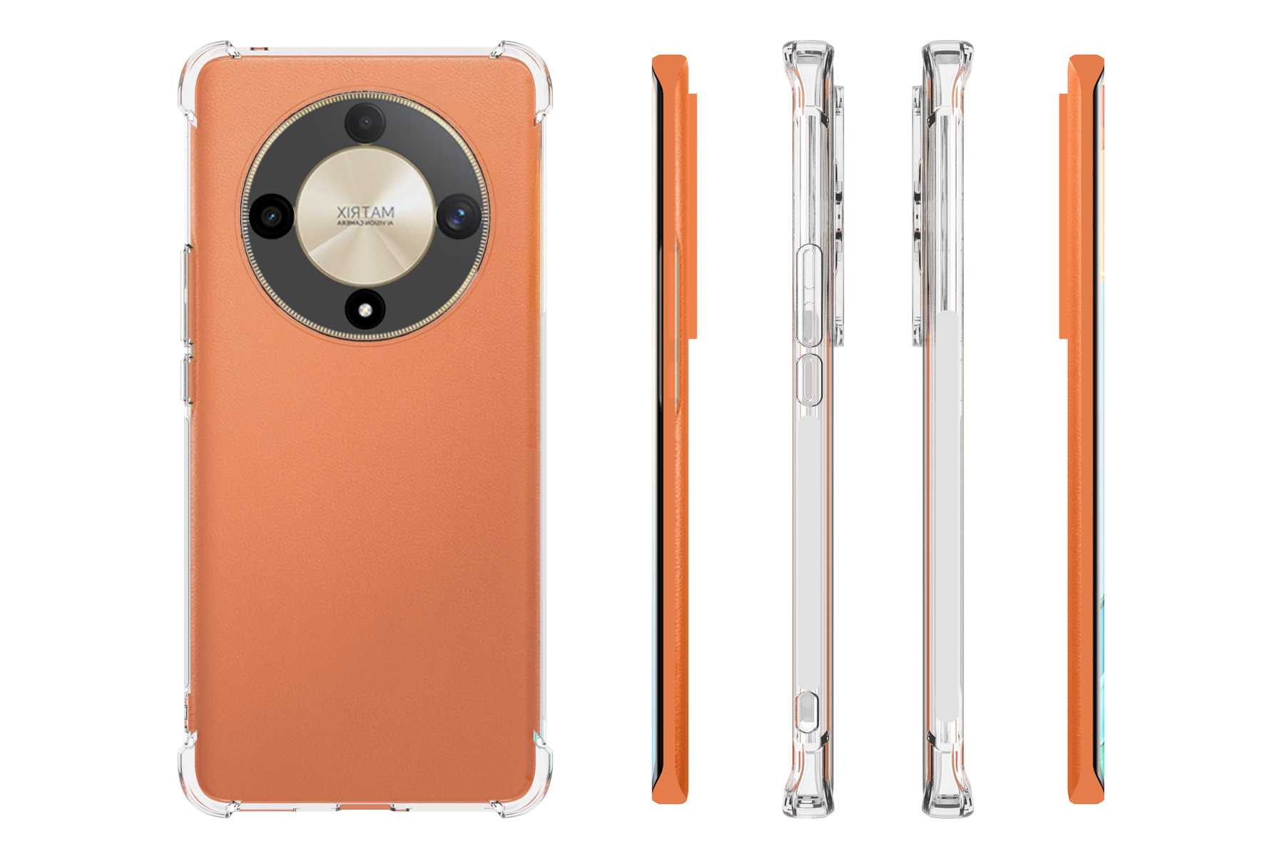 Ein Smartphone in einer orangefarbenen Hülle mit mehreren Ansichten, die die Kamera zeigen.