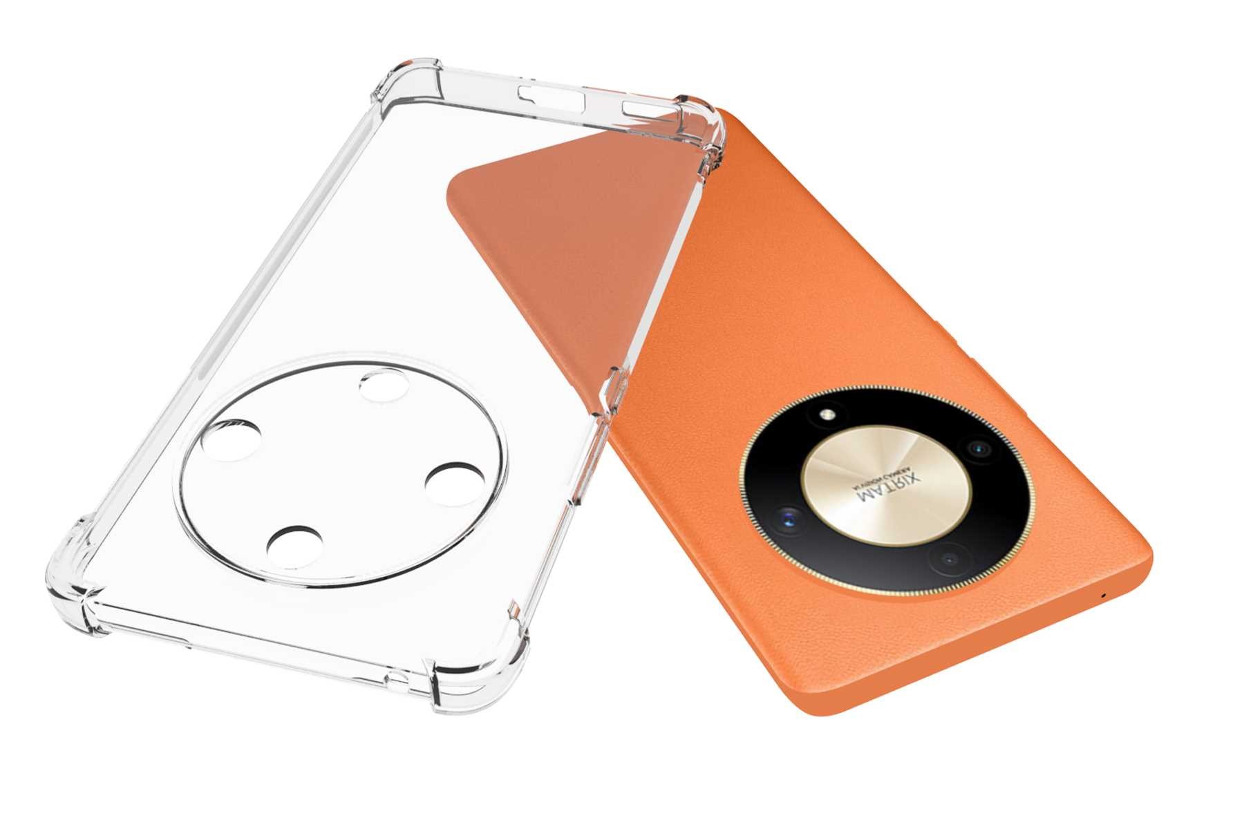 Orangefarbenes Telefon mit transparenter Hülle daneben, vier Kameralinsen sichtbar.