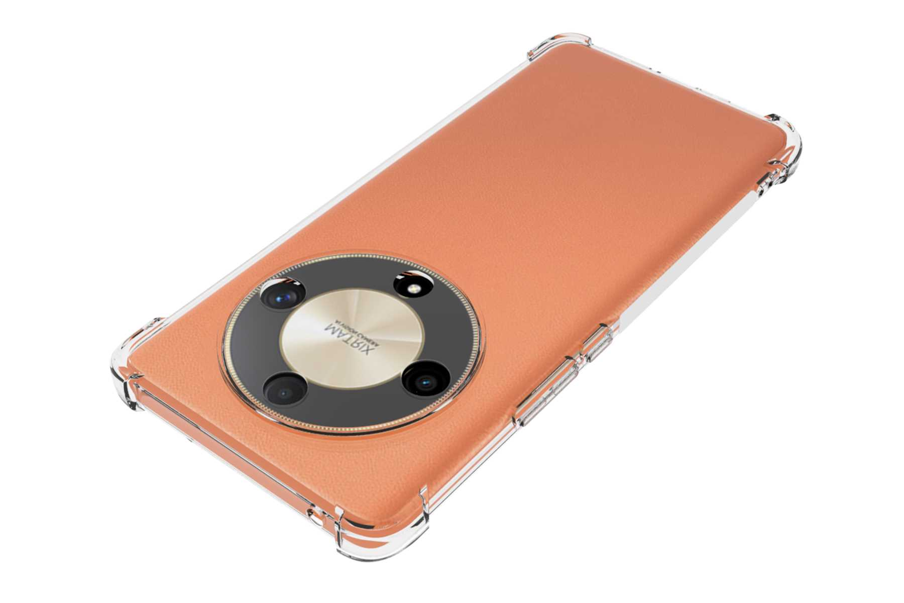 Orangefarbene Handyhülle mit transparentem Rand, auf weißem Hintergrund. Das Telefon hat eine Kameraerhebung.
