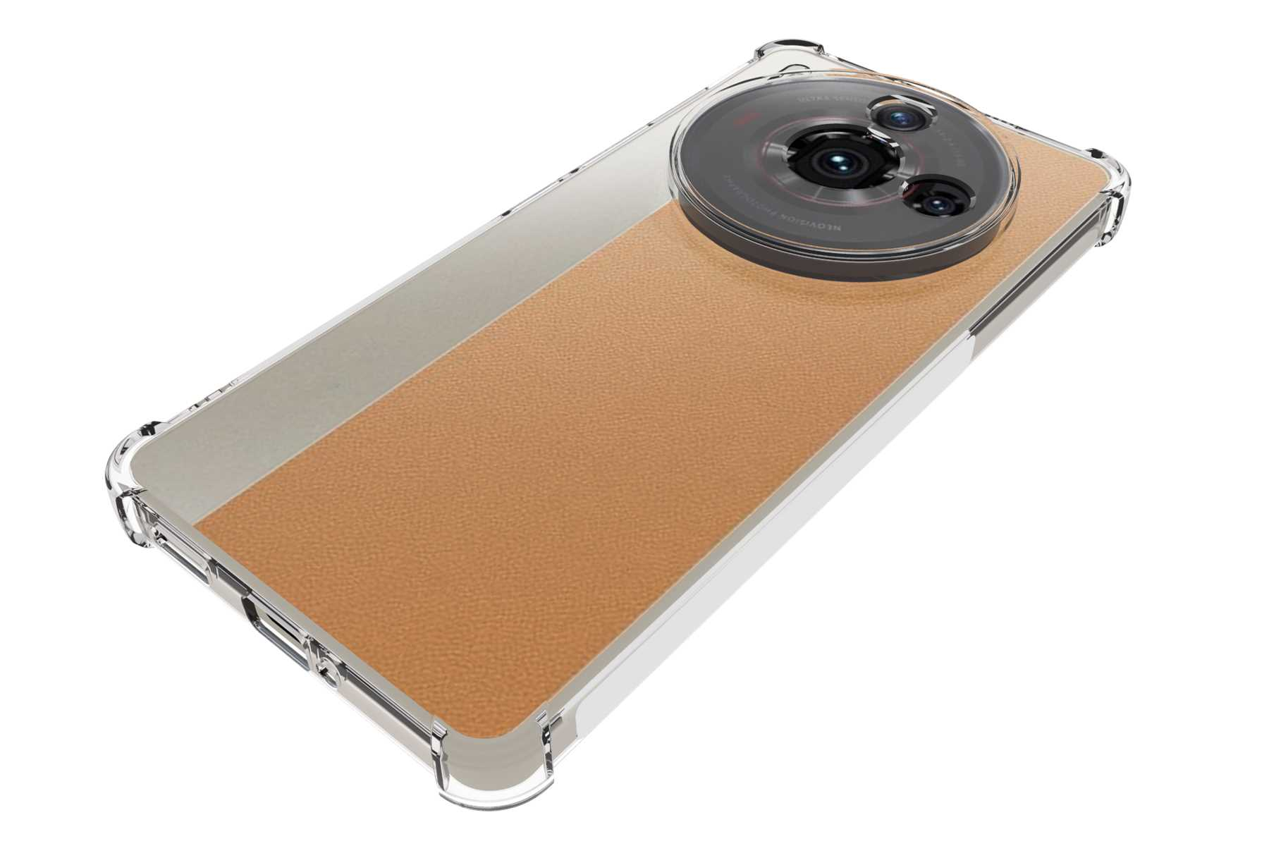 Smartphone in einer transparenten Hülle mit hellbraunem Leder-ähnlichem Rücken und runder Kamera.
