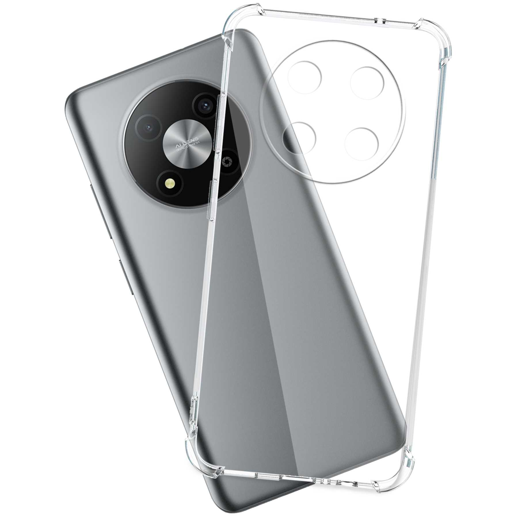 Eine transparente Handyhülle über einem grauen Telefon. Die Hülle hat Aussparungen.