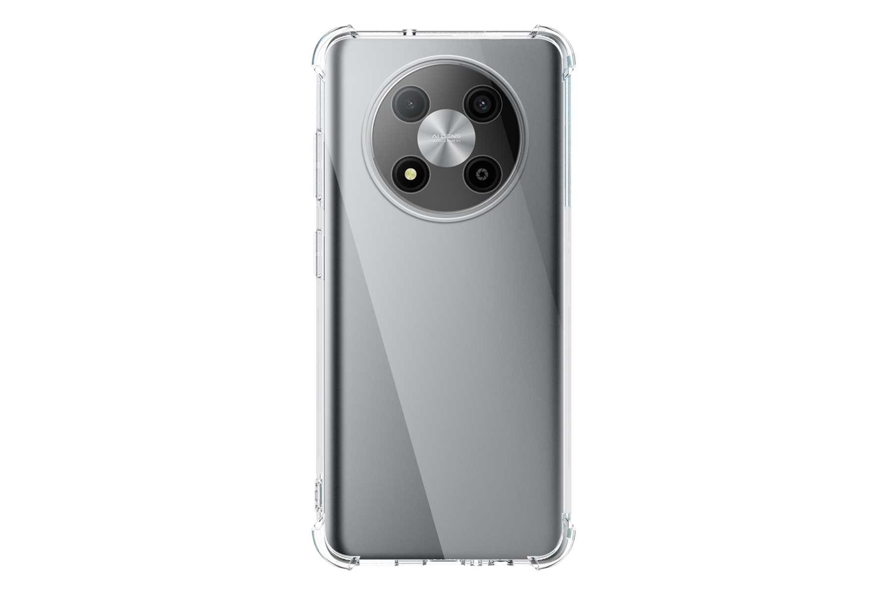 Ein Telefon mit transparentem Gehäuse. Die Rückseite des Telefons hat eine Kameraanordnung.