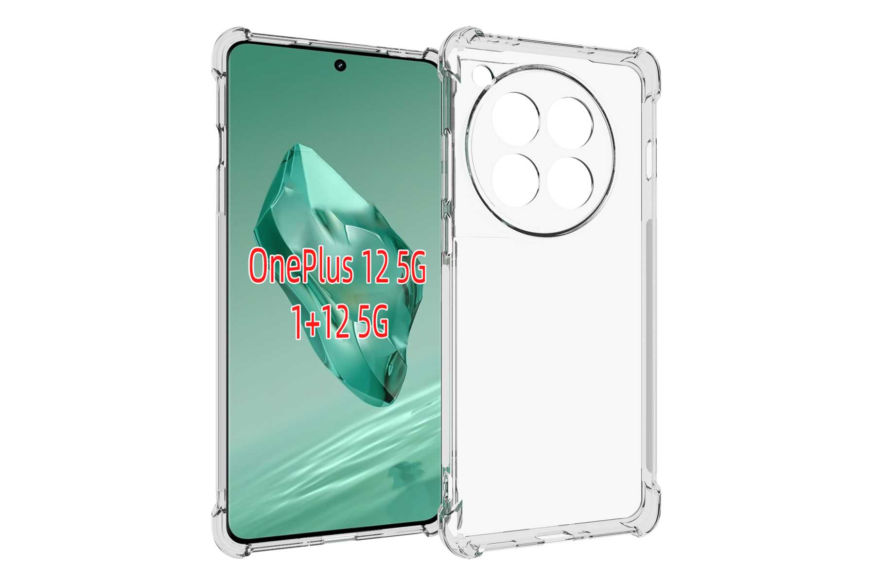 Eine transparente Handyhülle umgibt ein Telefon, das Inhalte anzeigt. Text: OnePlus 12 5G 1+12 5G. Der Bildschirm ist grün.