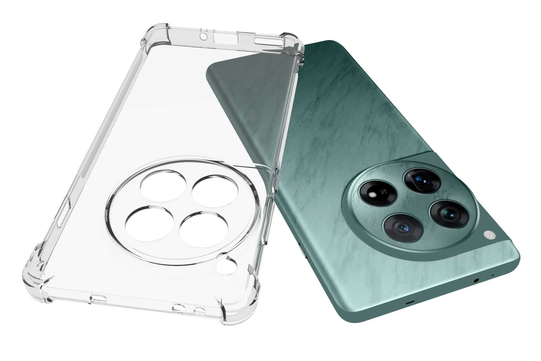Telefon und transparente Schutzhülle. Telefon ist blaugrün mit Kamera. Hülle ist transparent.