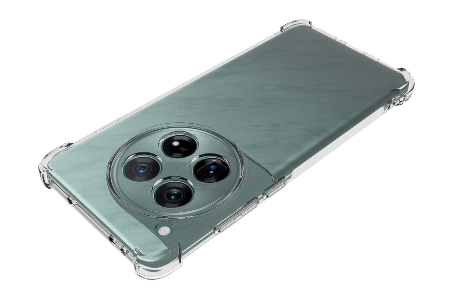 Telefon in klarer Hülle. Telefon ist silber und grün. Die Hülle hat Schutzränder. Vier Kameralinsen.