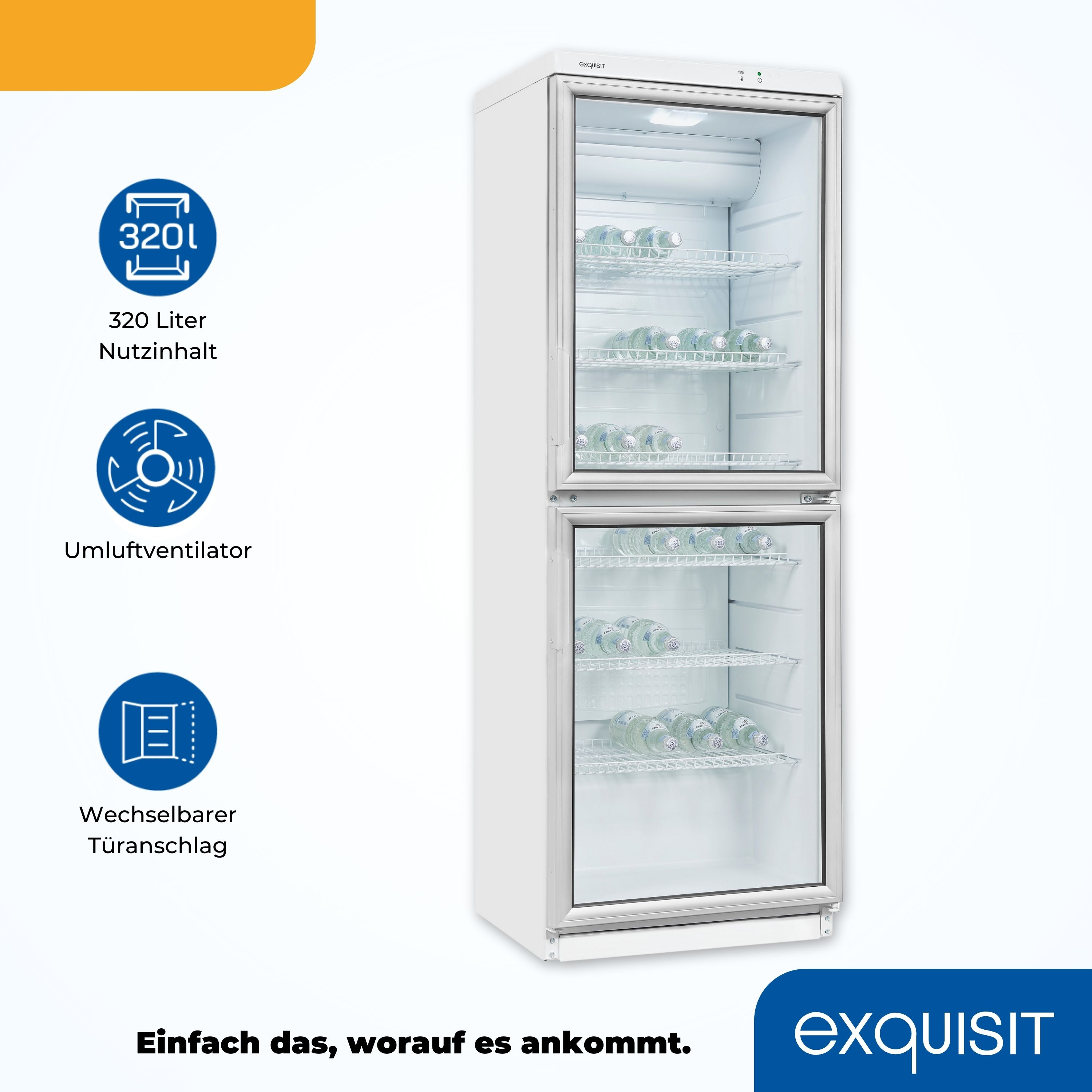 Weißer Doppeltür-Kühlschrank mit Glastür, zeigt Flaschen im Inneren.