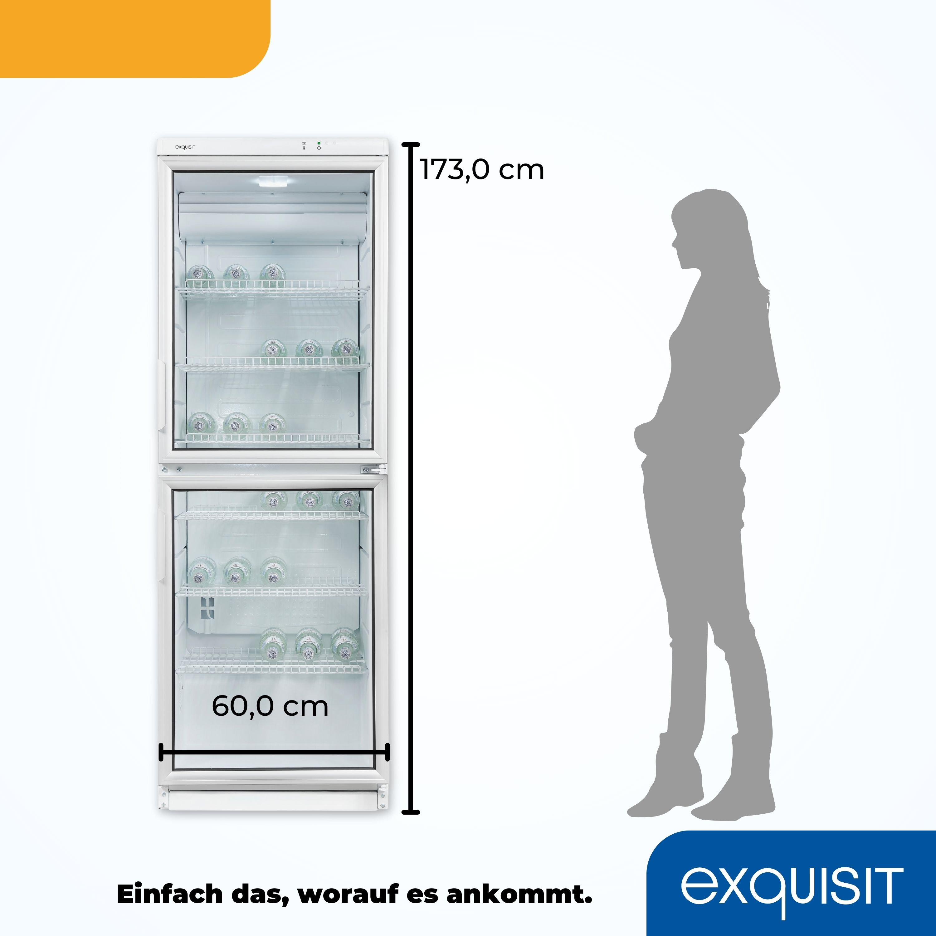 Ein weißer Kühlschrank mit zwei Sektionen. Eine Silhouette steht neben dem Kühlschrank. Oranger Top und blaues Logo.