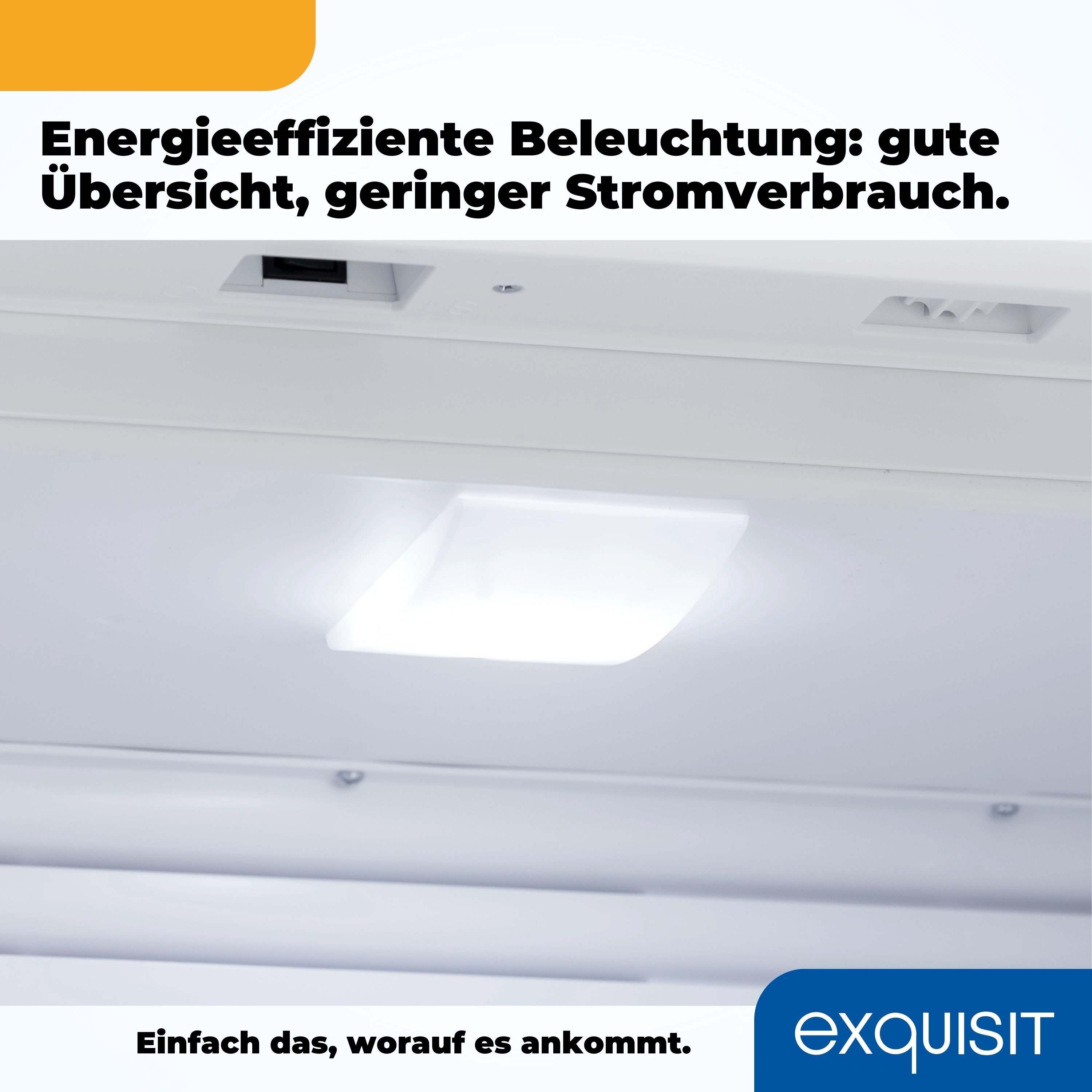 Eine helle Lichtquelle in einer weißen Decke. Text oben: 'Energieeffiziente Beleuchtung'.