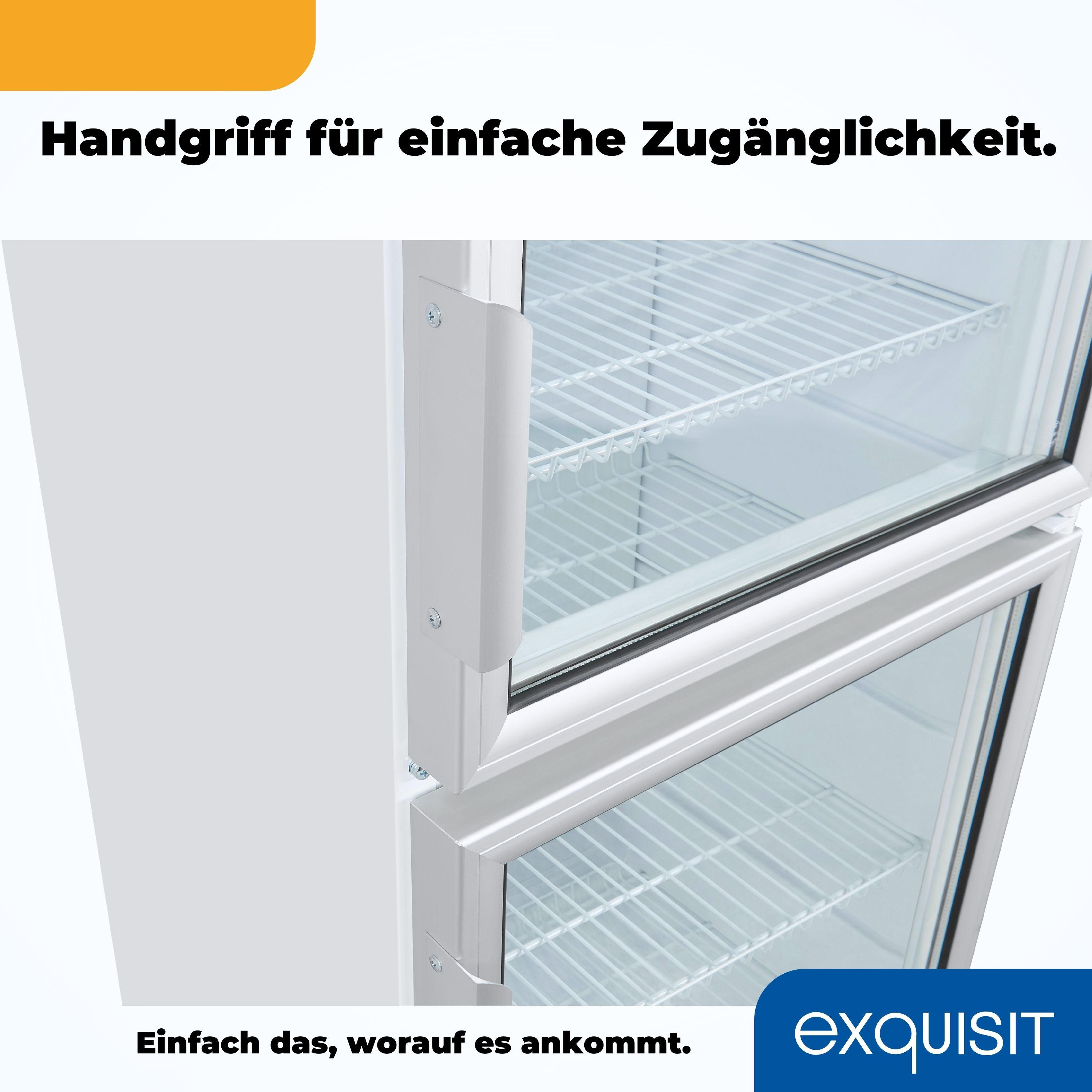 Nahaufnahme einer weißen Kühlschranktür mit Griff. Die Tür hat ein schlankes Design.