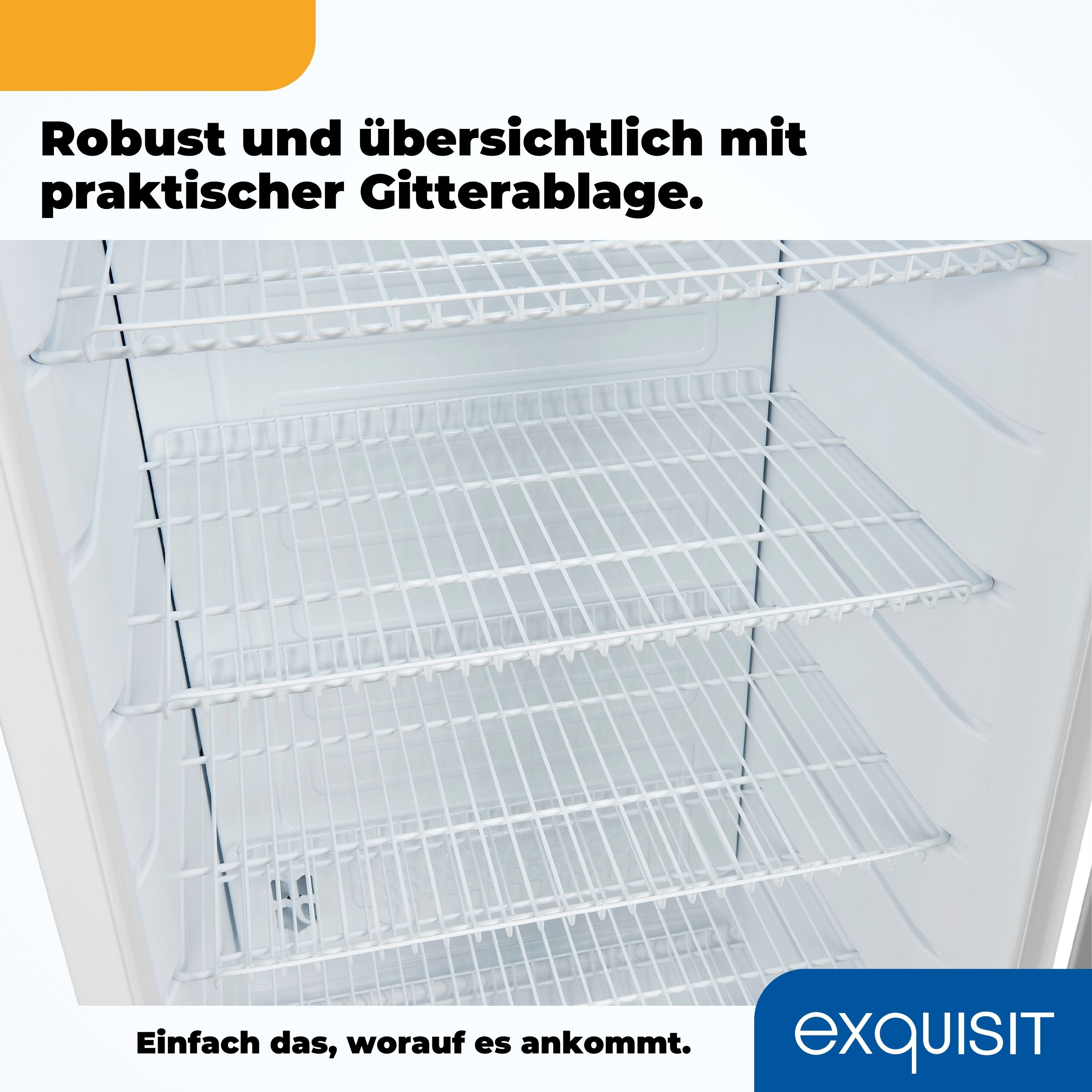 Weißes Kühlschrankinnere mit Drahtregalen, Text auf Deutsch.