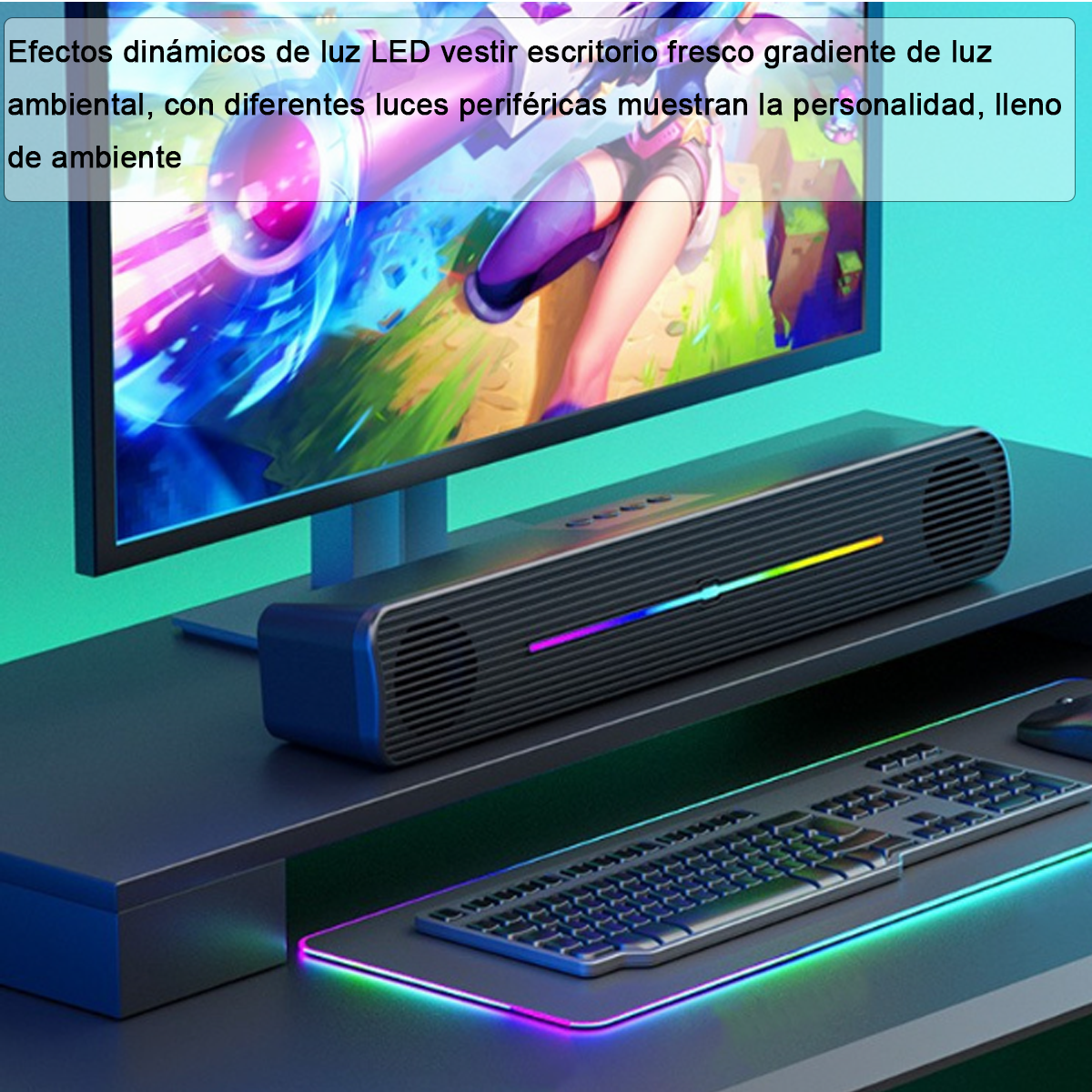 Schwarze Soundbar mit Tastatur und Monitor. Buntes Licht leuchtet auf der Soundbar.