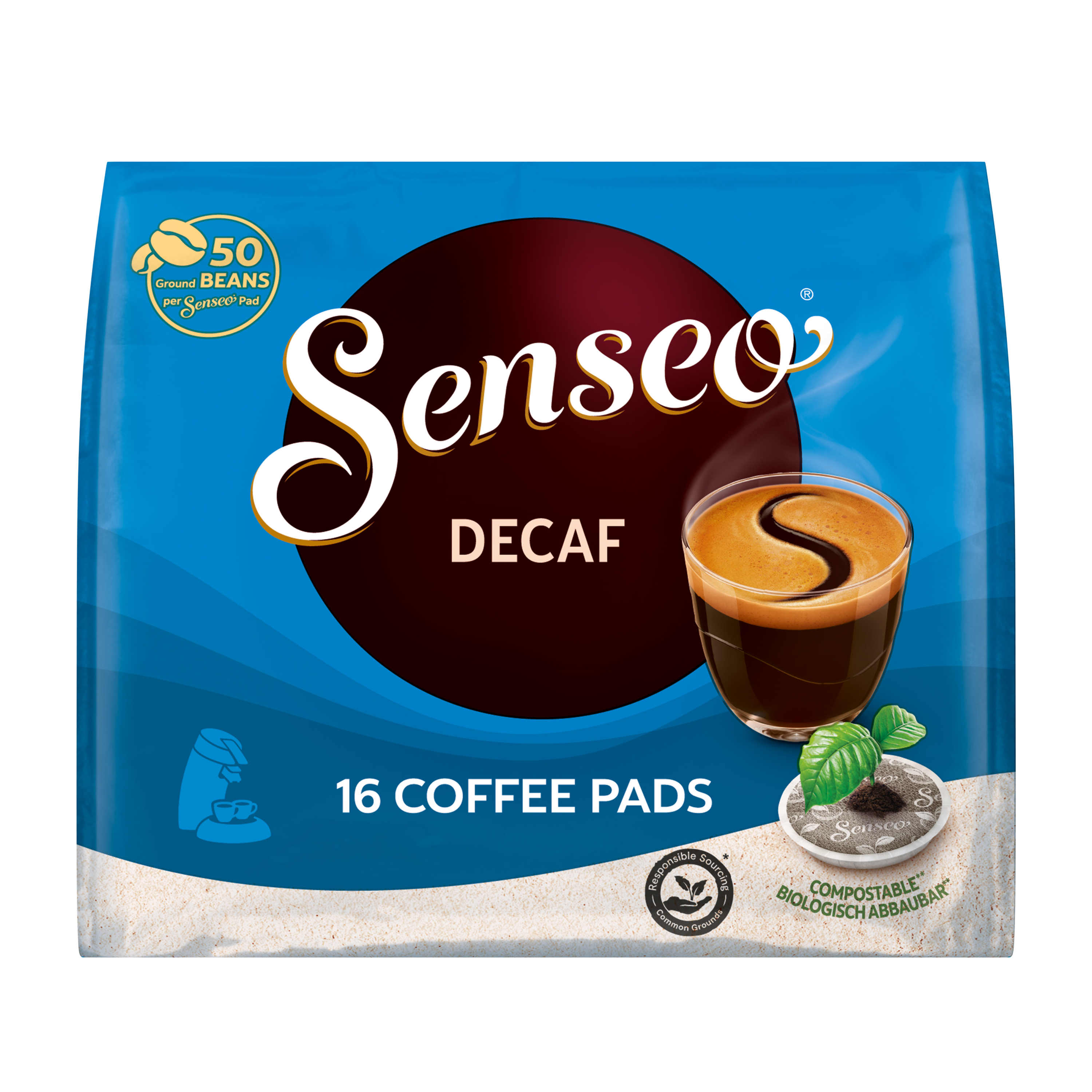 Kaffeepads-Packung mit Kaffeetassenbild und Text. Die Packung ist blau. Text: Koffeinfrei.
