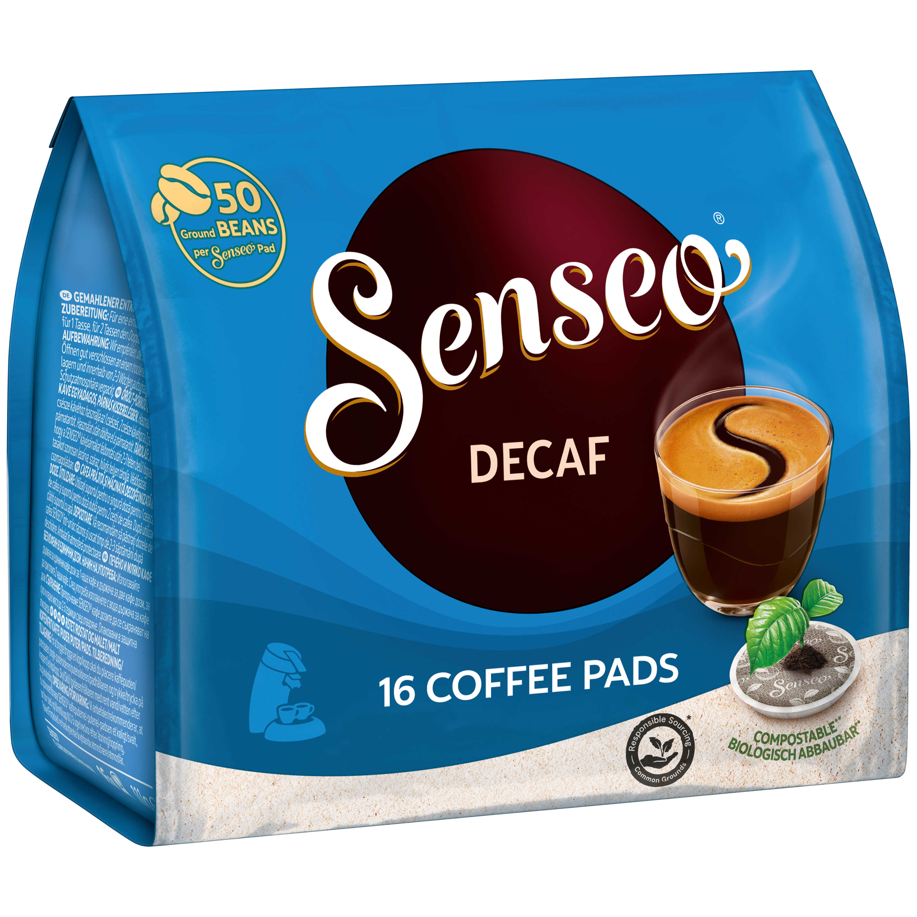 Blaue Packung Senseo Decaf Kaffeepads mit einem Kaffeetassenbild. Auf der Packung steht '16 COFFEE PADS'.