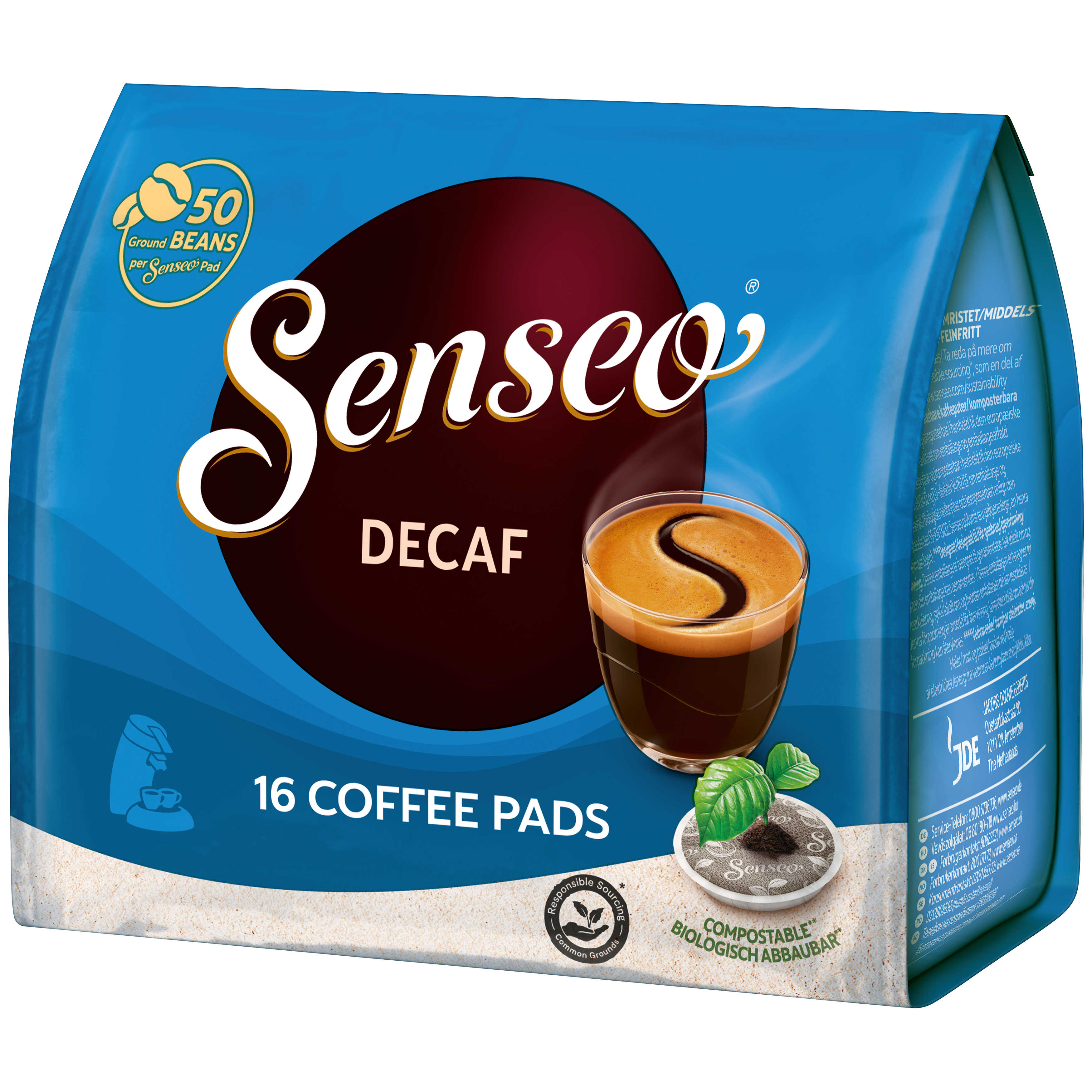 Blaues Senseo Decaf Kaffeepads-Pack mit einer Kaffeetassen-Illustration.