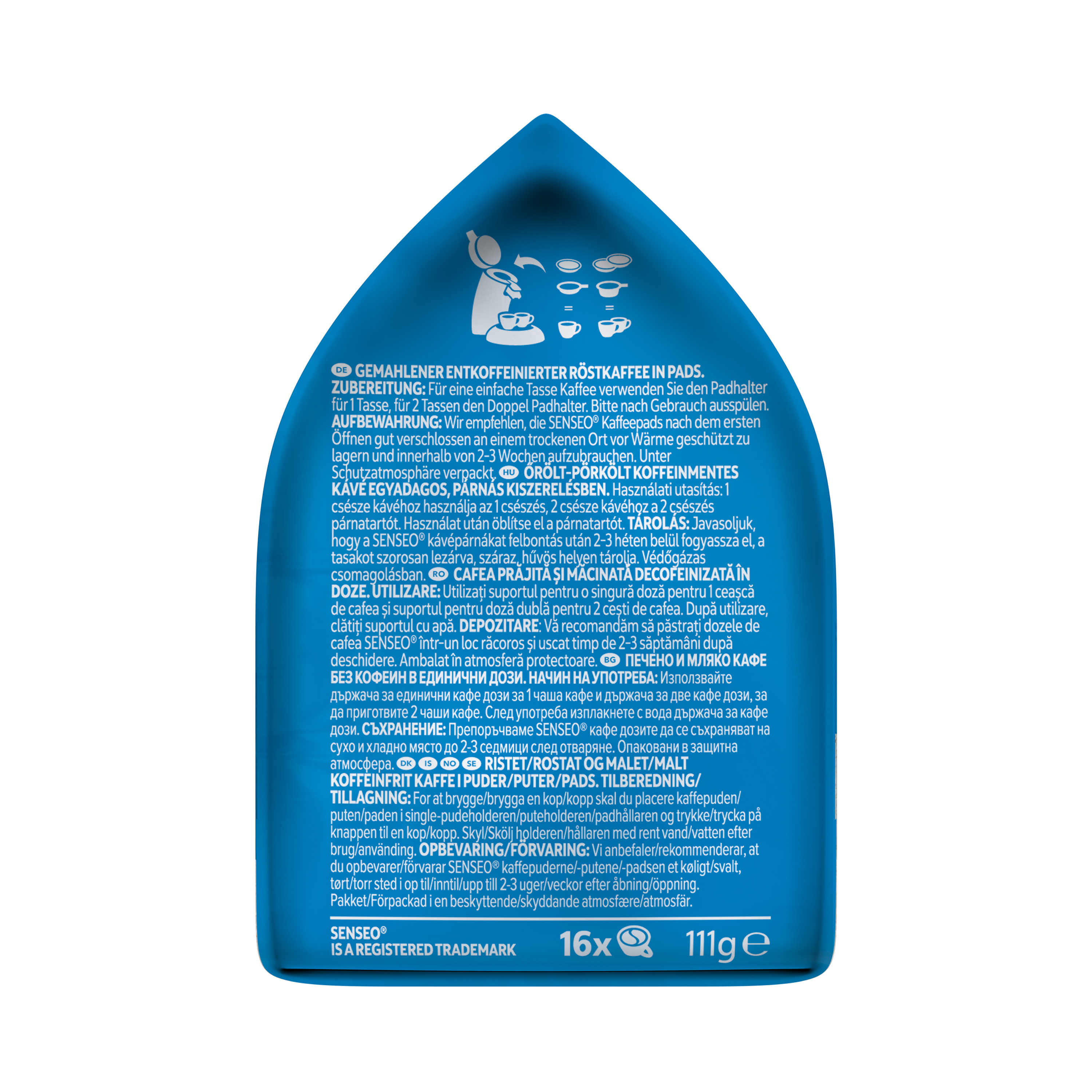 Blau-weiße Kaffeepad-Verpackung mit Text in mehreren Sprachen.