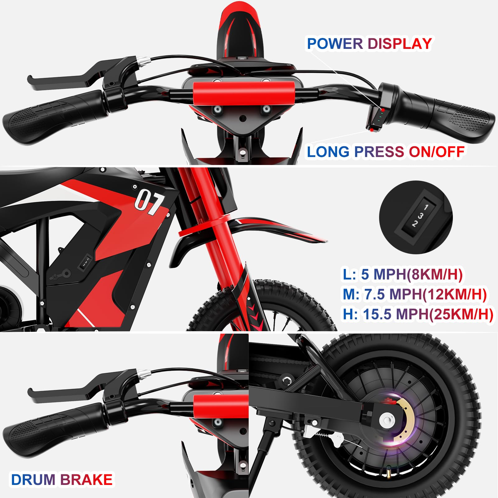 Moto da cross elettrica, rossa e nera. Mostra manubrio, impostazioni velocità e componenti del freno.
