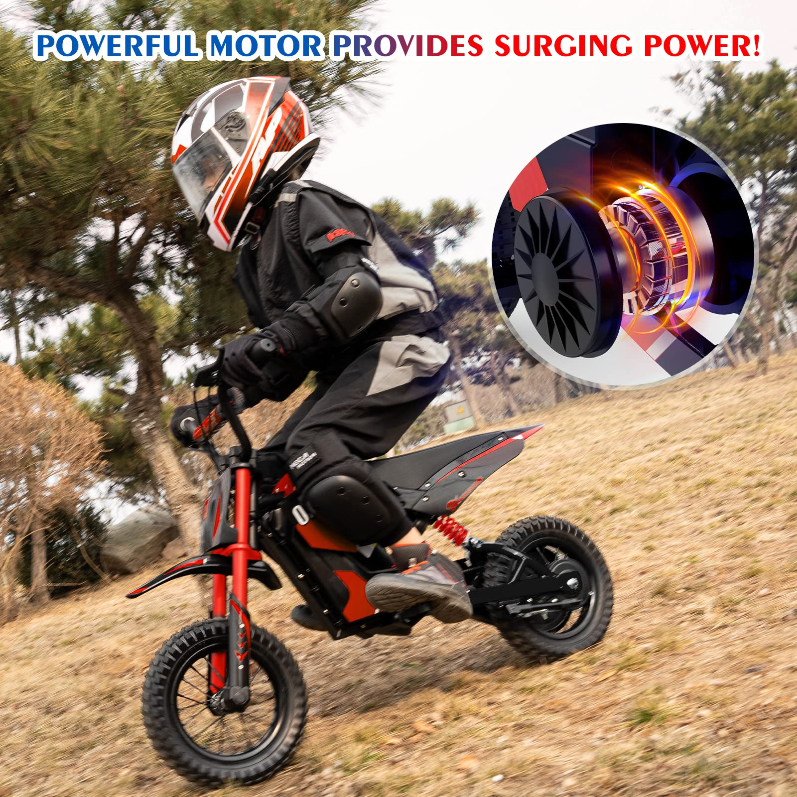 Un bambino che guida una mini moto rossa e nera. Un potente motore è mostrato in un grafico circolare.