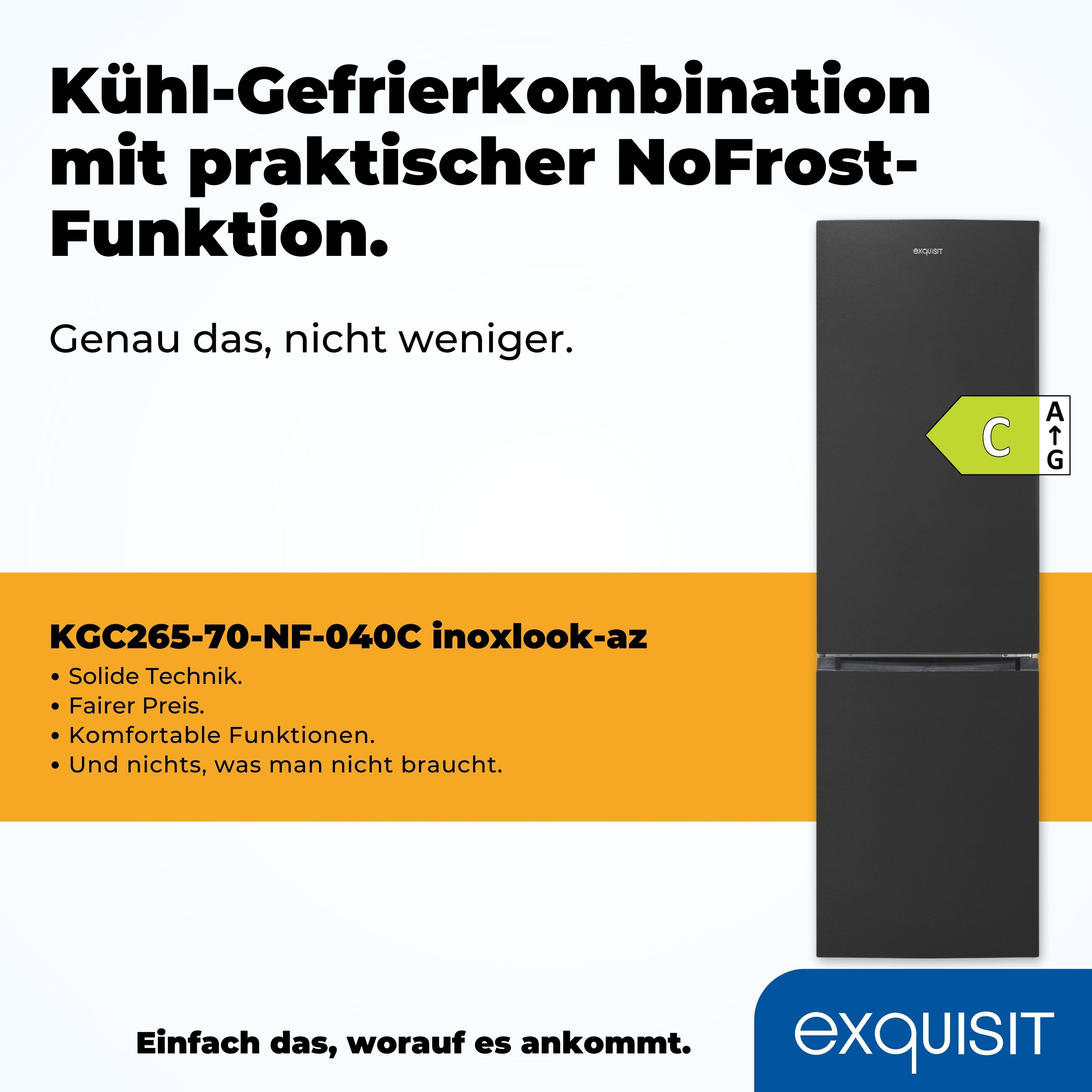 Schwarzer Kühlschrank mit Energieeffizienzklasse C, gelbem Balken oben und der Marke Exquisit.