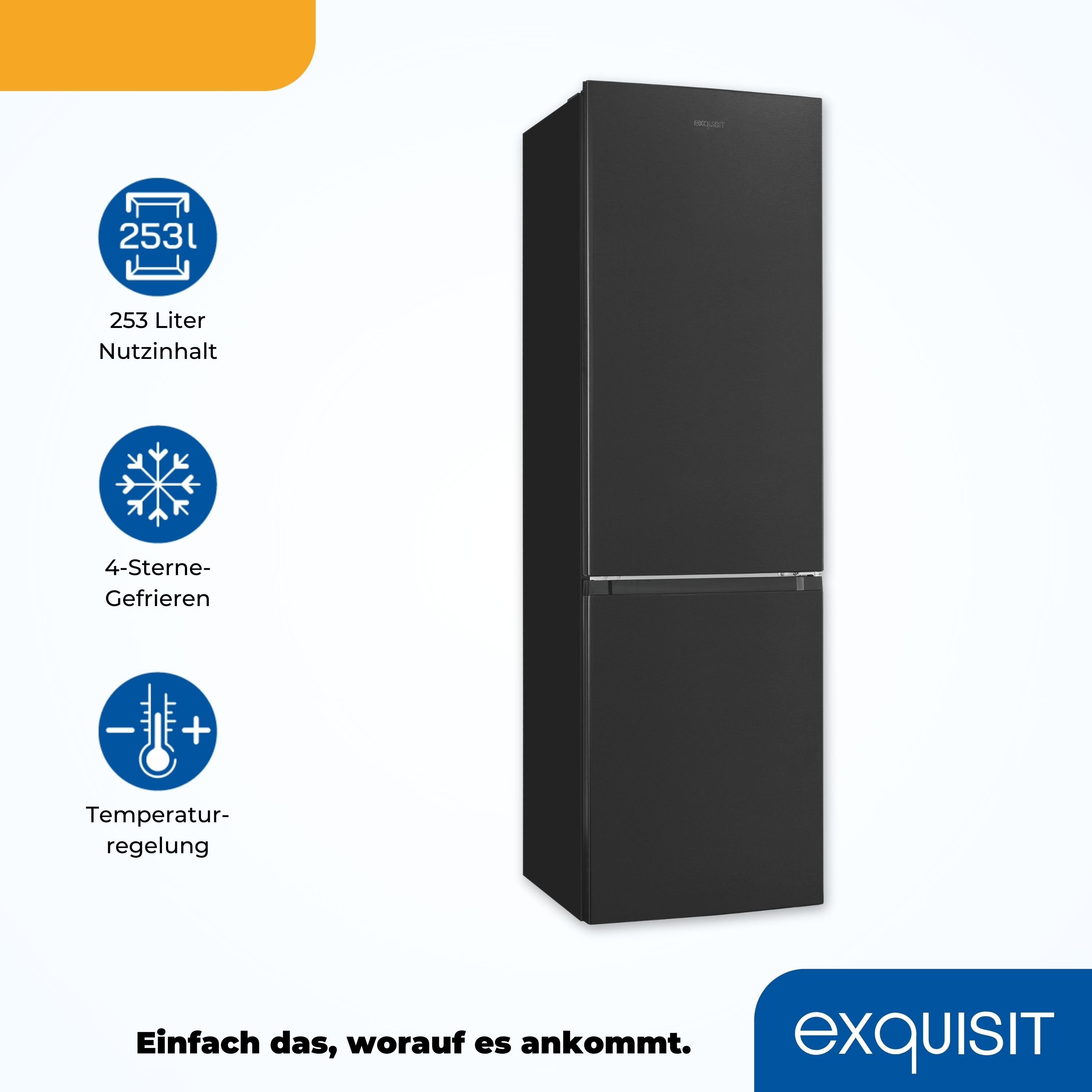 Schwarzer Kühlschrank mit Text und Symbolen. Blaue und weiße Texte und Symbole.